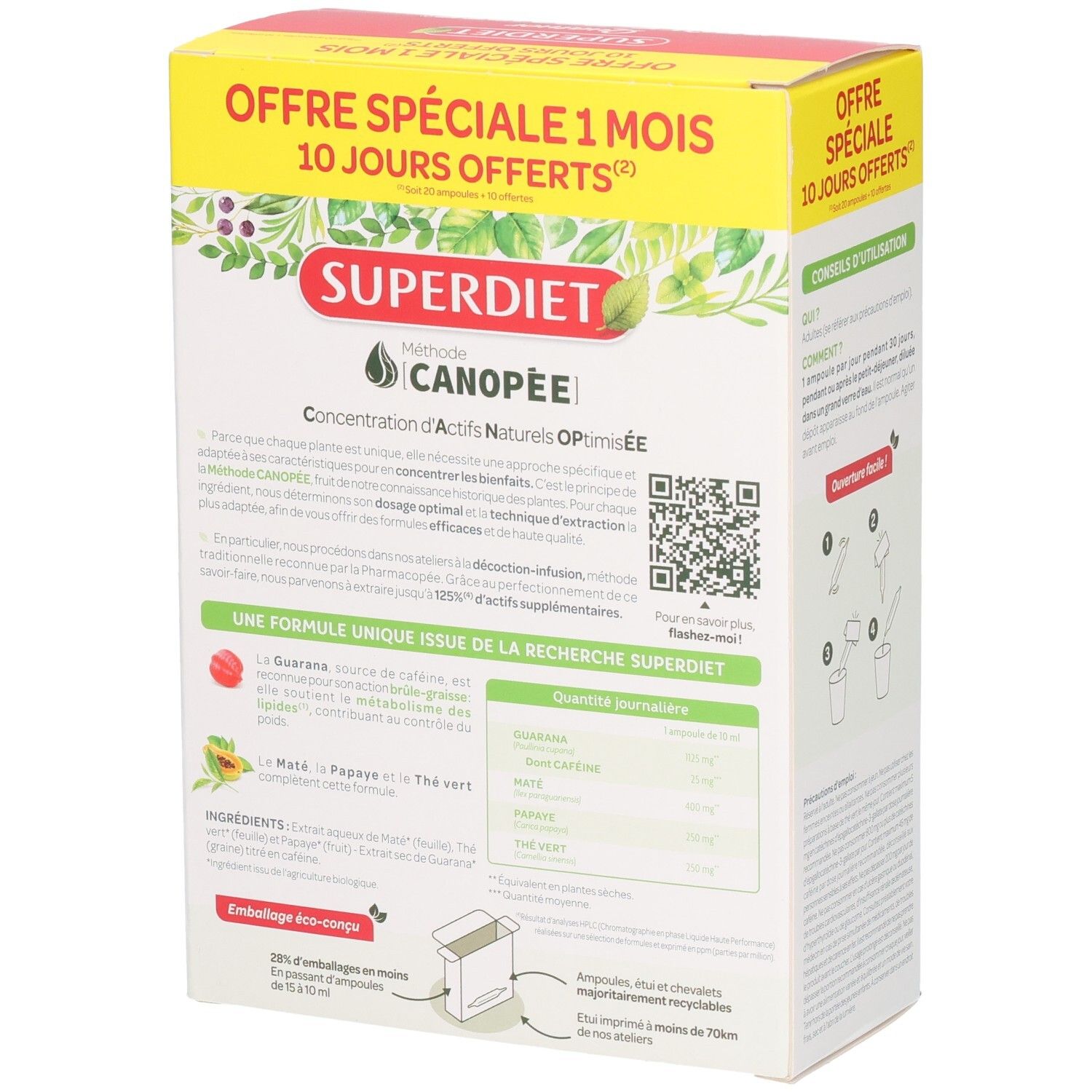 Dos de la boîte de SUPERDIET Quatuor BRÛLE-GRAISSE. Contient des informations sur les ingrédients et le recyclage. Certification bio.