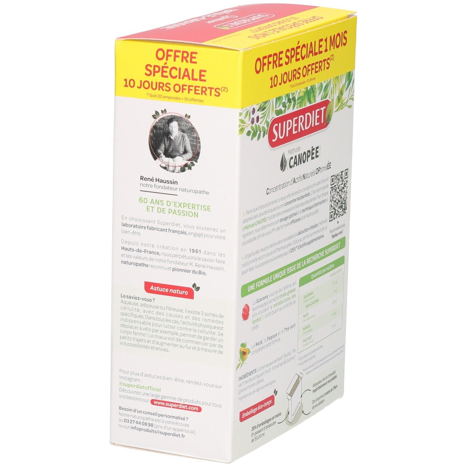 Côté de la boîte de SUPERDIET Quatuor BRÛLE-GRAISSE. Contient des informations sur le fabricant et un code QR. Certification bio.