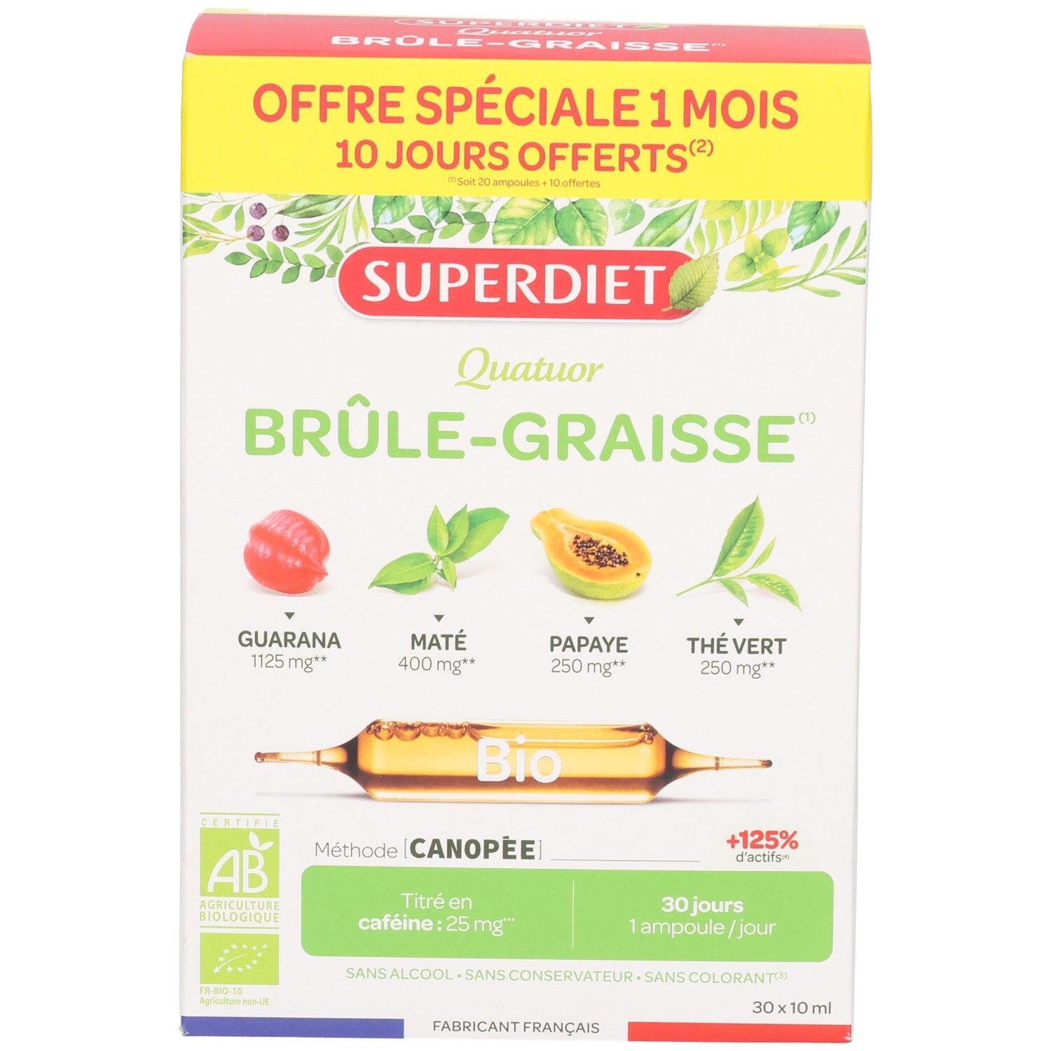 Face avant de la boîte SUPERDIET Quatuor BRÛLE-GRAISSE. Affiche le nom du produit, les ingrédients et la certification bio.
