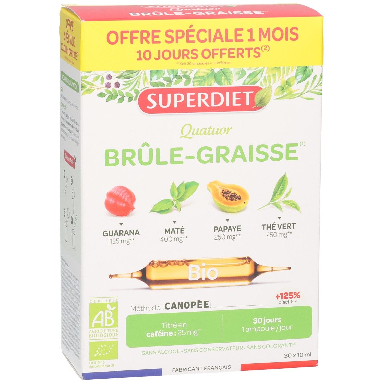 Face avant de la boîte SUPERDIET Quatuor BRÛLE-GRAISSE. Affiche le nom du produit, les ingrédients et la certification bio.