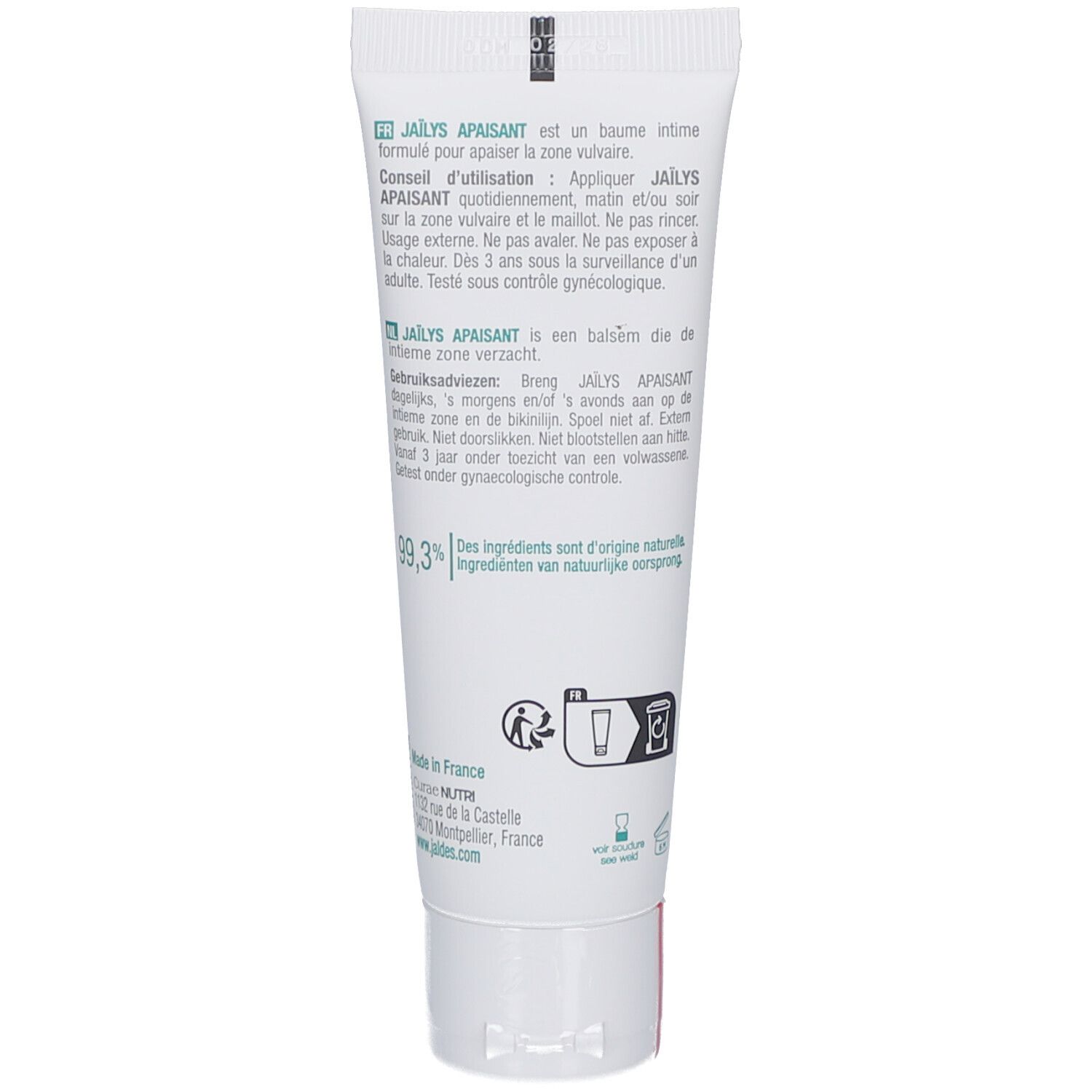 Dos du tube. Texte multilingue. Ingrédients et origine. Symbole de recyclage vert.