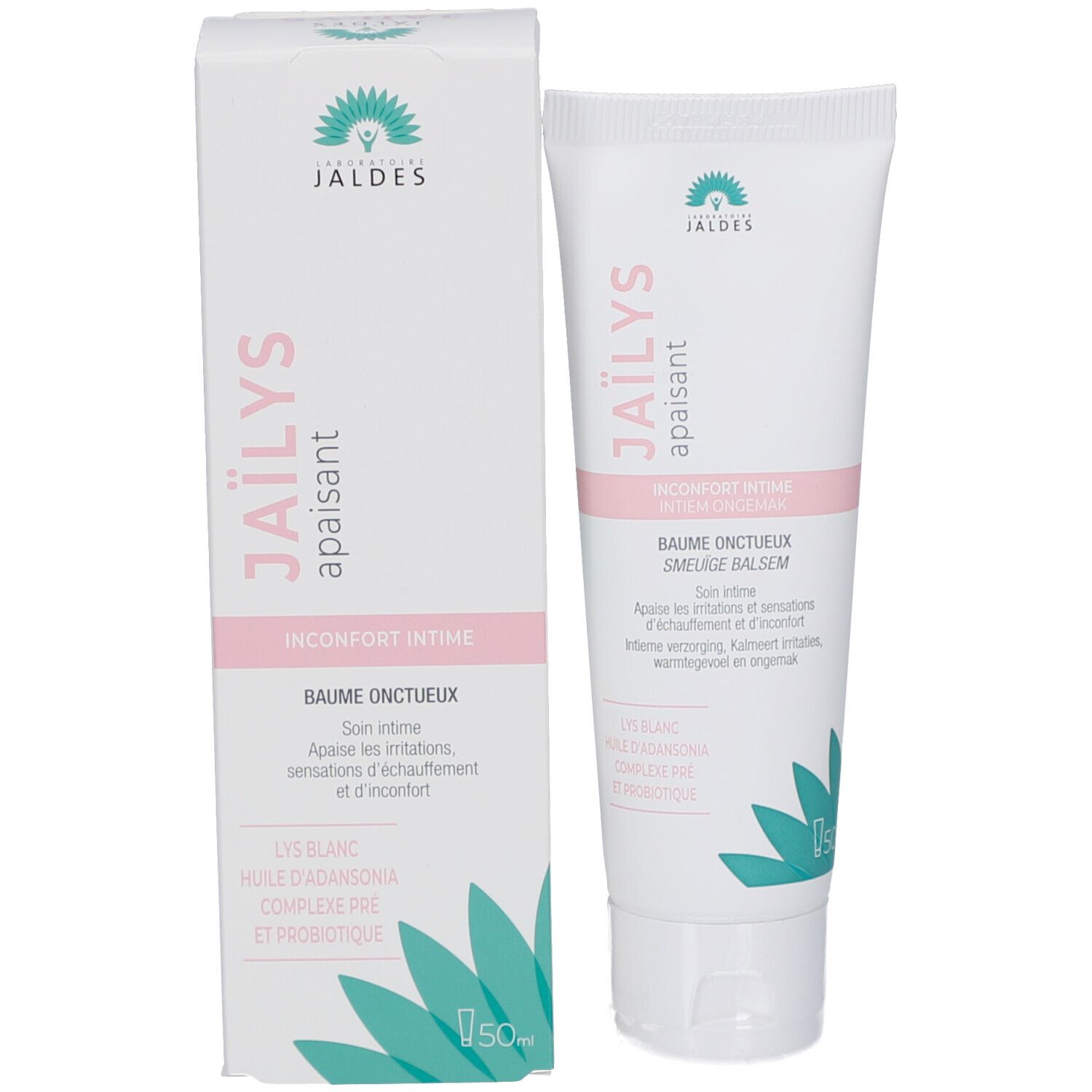 Tube et boîte. Boîte avec nom et logo du produit. Tube: blanc-rose. Décor floral vert.