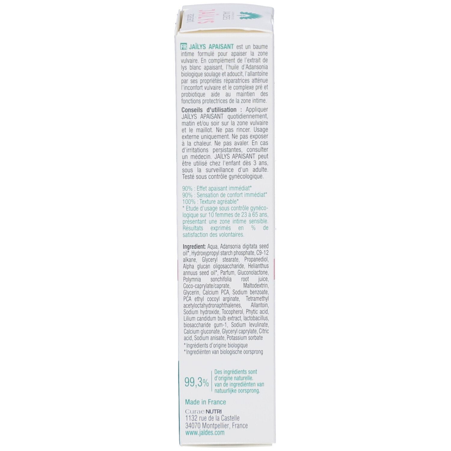 Dos de la boîte. Texte multilingue. Ingrédients et instructions d'utilisation. Symbole de recyclage vert.