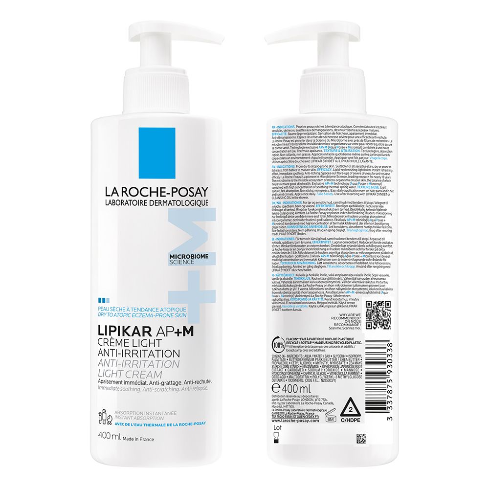 Flacon blanc, recto et verso. Logos bleus: La Roche-Posay, LIPIKAR AP+M. Texte: Crème Light Anti-Irritation.