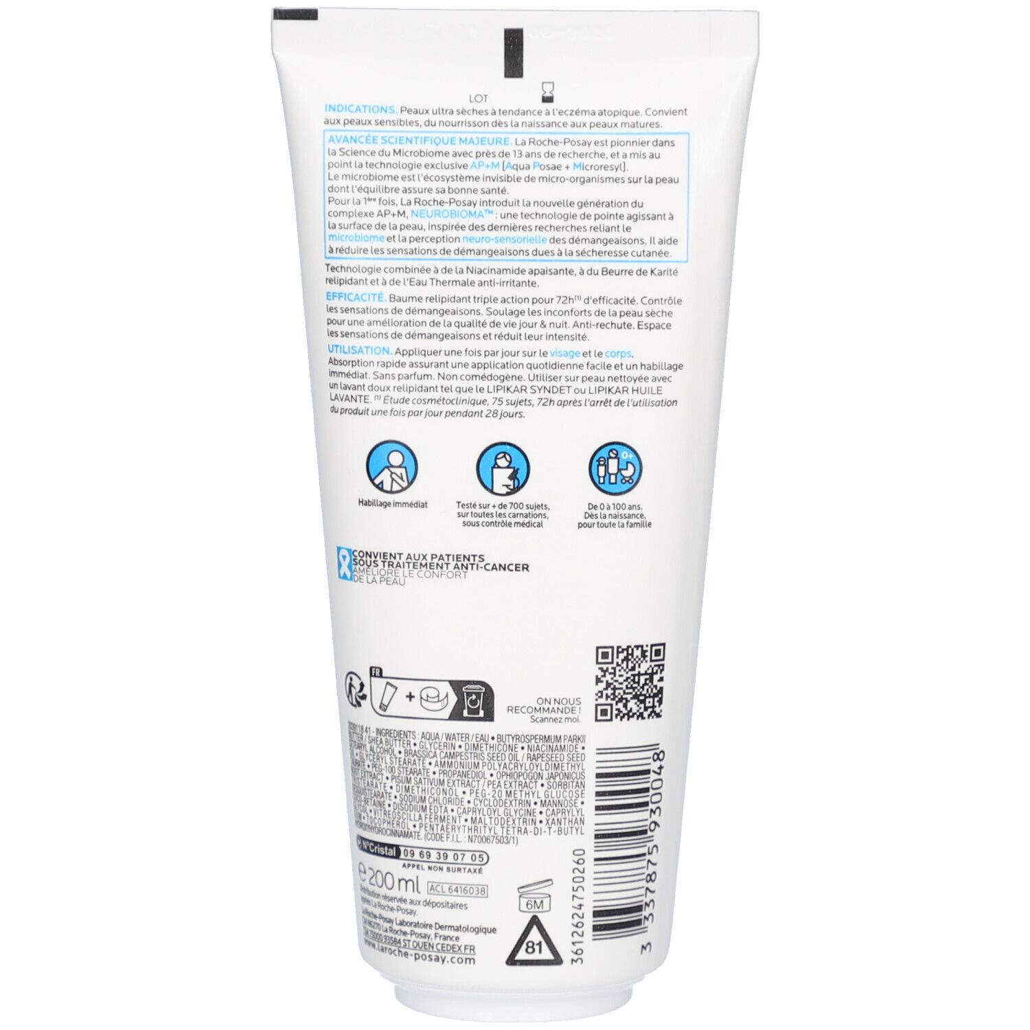 Dos du tube blanc. Texte en plusieurs langues. Code QR et informations sur les ingrédients.