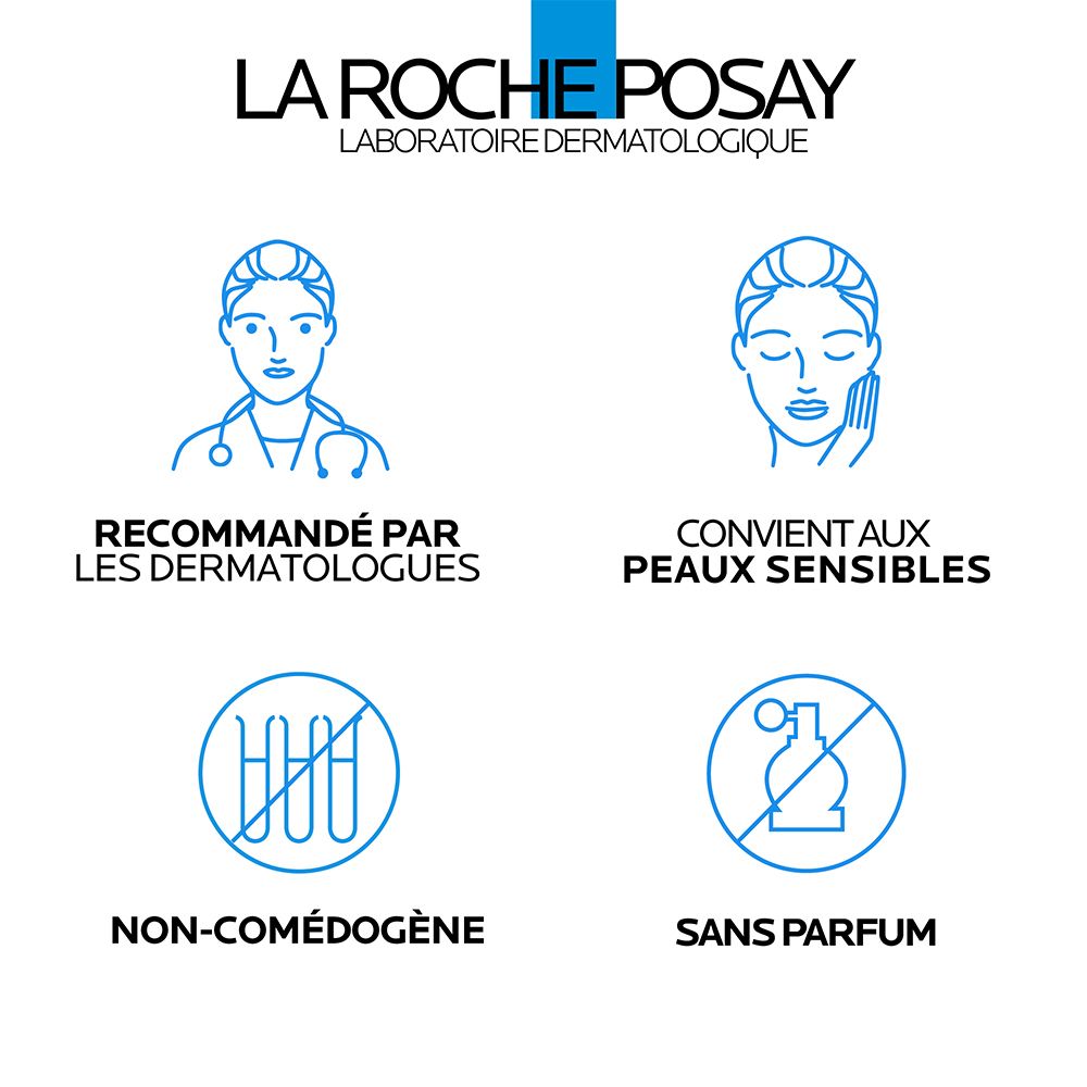 Quatre symboles et texte. Recommandé par les dermatologues, convient aux peaux sensibles, non comédogène, sans parfum.
