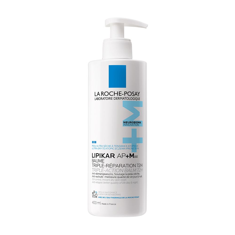 Flacon blanc avec pompe. Inscriptions: LA ROCHE-POSAY, LIPIKAR Baume AP+M. Accents bleus. 400ml.