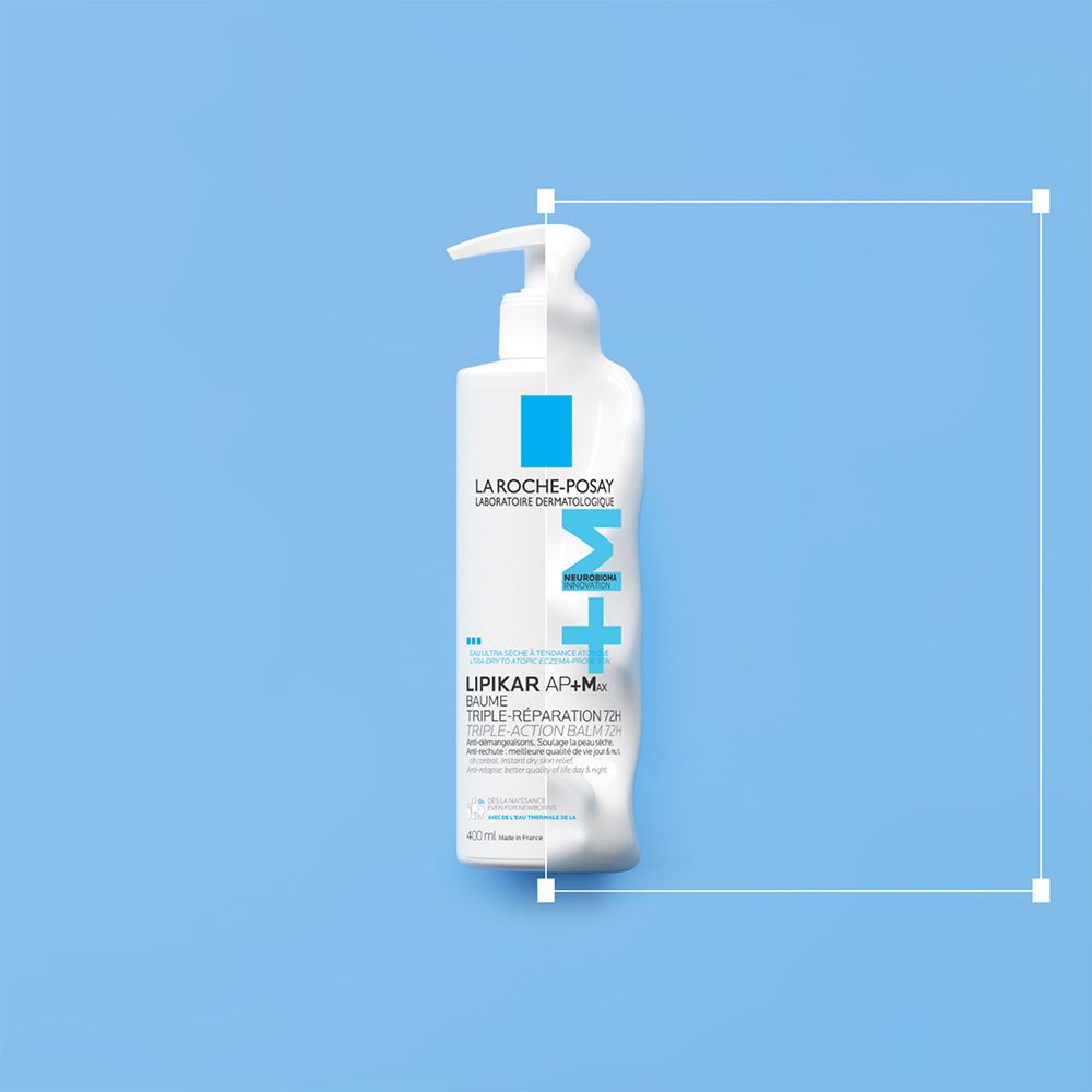 Flacon blanc avec pompe, encadré d'un cadre bleu. Inscriptions: LIPIKAR Baume AP+M.
