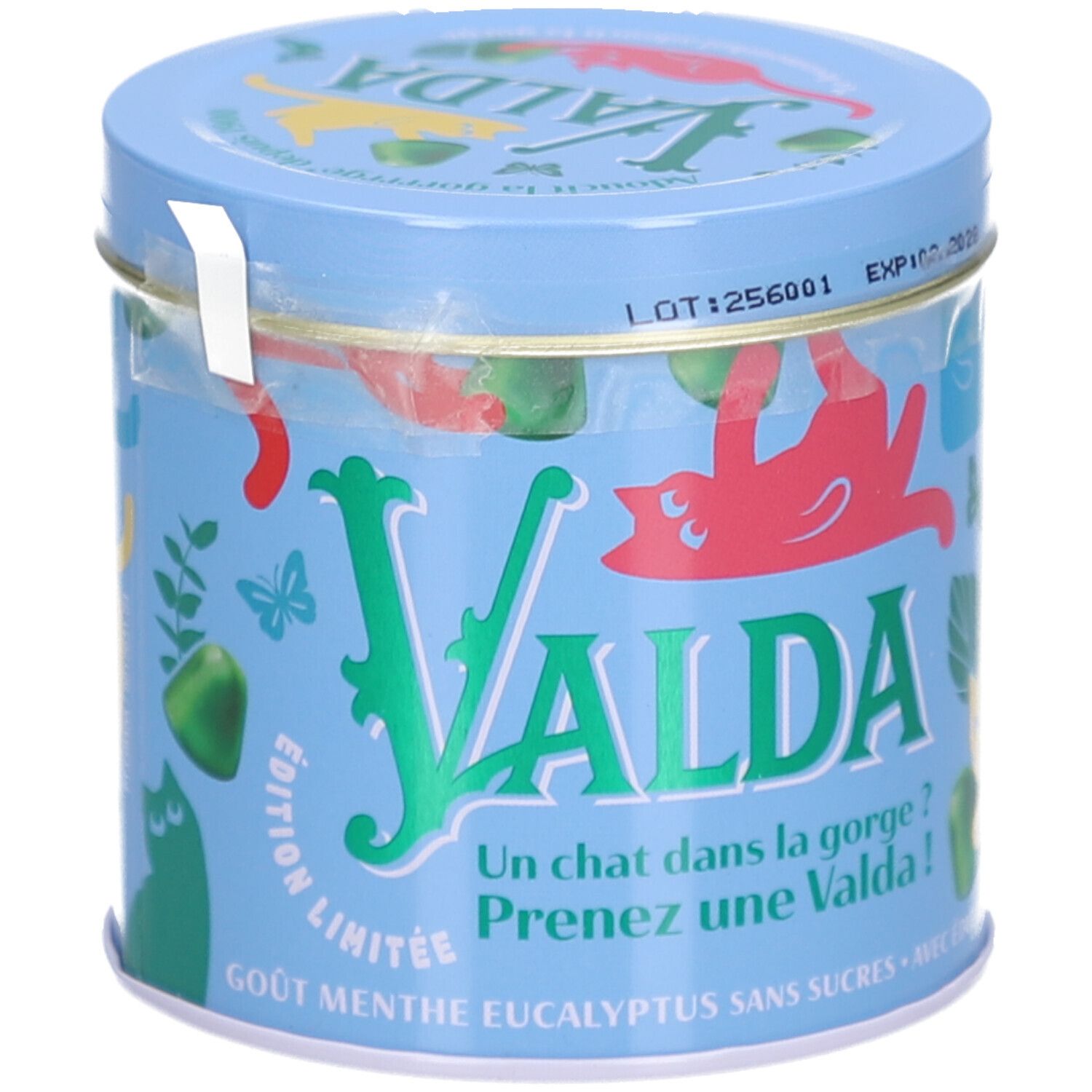 Boîte ronde bleue avec logo VALDA et illustrations de chats. Inscription : Edition Limitée, Gout Menthe Eucalyptus Sans Sucres.