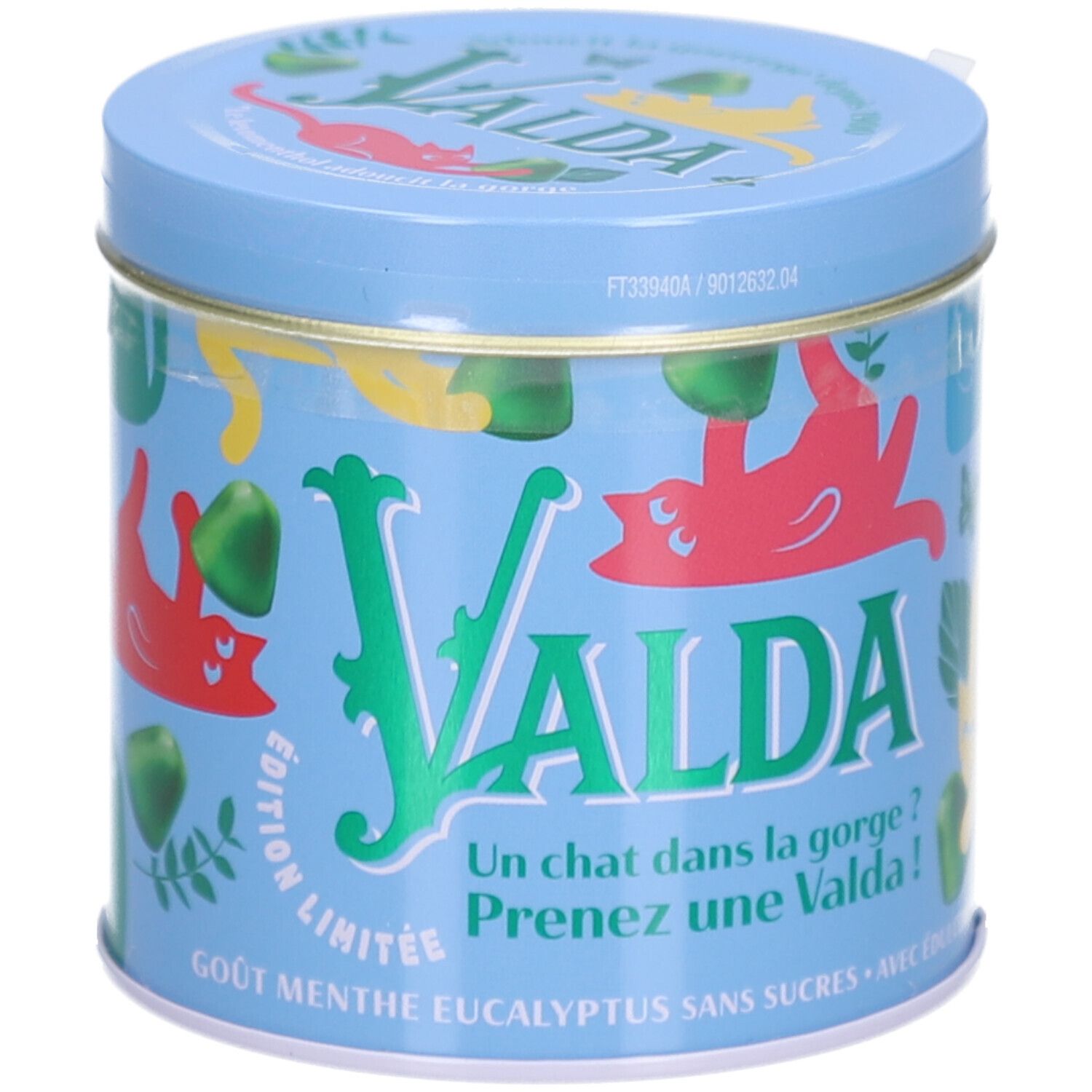 Boîte bleue avec logo VALDA et illustrations de chats. Inscription : Edition Limitée, Gout Menthe Eucalyptus Sans Sucres. Avec autocollant.
