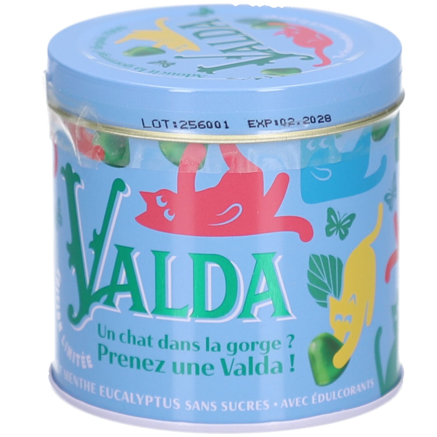 Boîte bleue avec logo VALDA et illustrations de chats. Inscription : Edition Limitée, Gout Menthe Eucalyptus Sans Sucres. Avec autocollant.