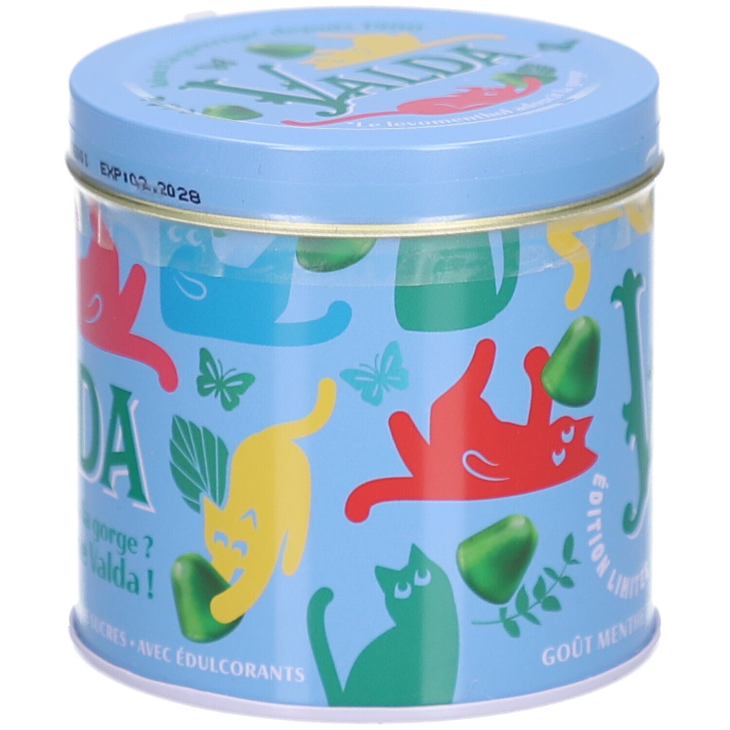Boîte bleue avec logo VALDA et illustrations de chats. Inscription : Edition Limitée, Gout Menthe Eucalyptus Sans Sucres. Avec autocollant.