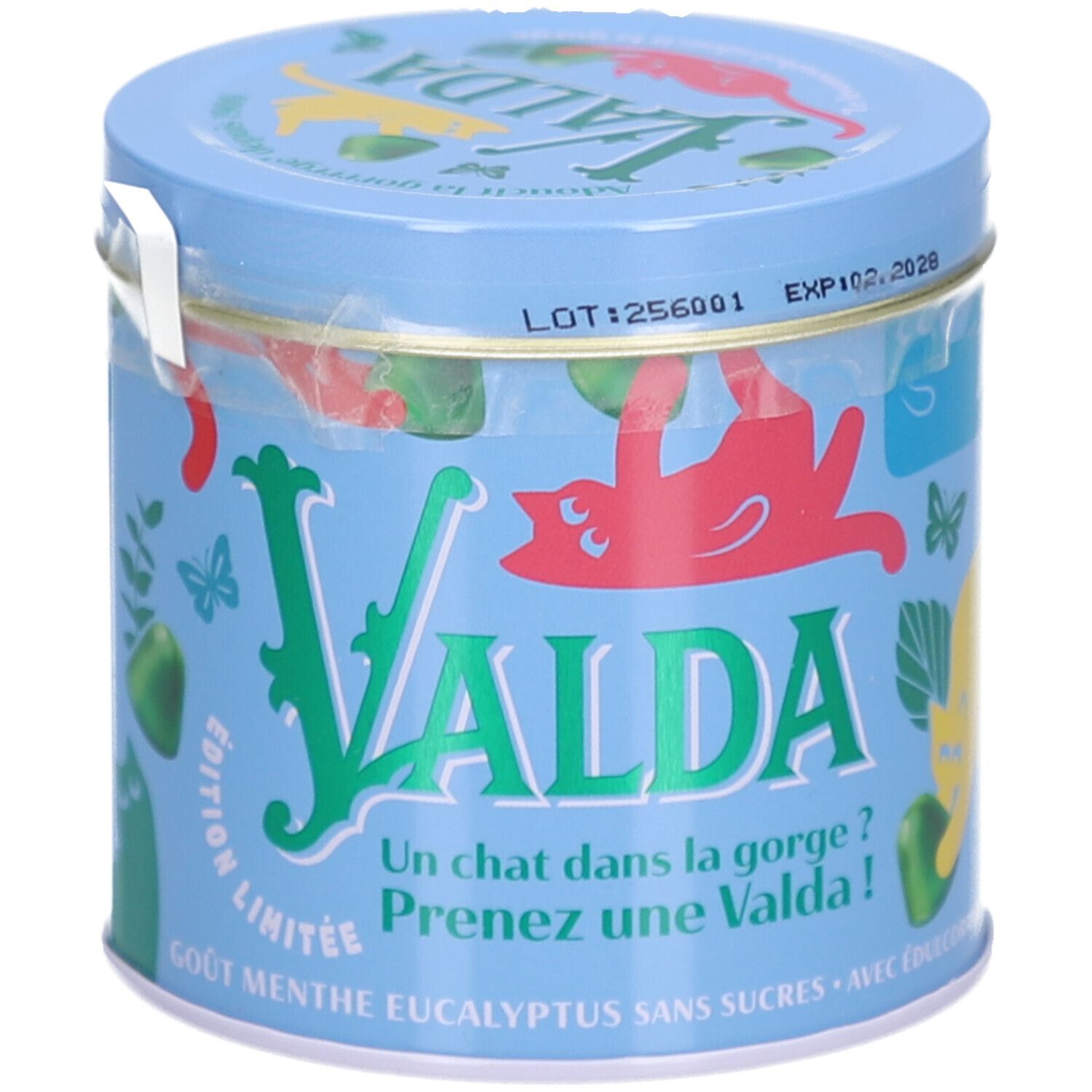 Boîte bleue avec logo VALDA et illustrations de chats. Inscription : Edition Limitée, Gout Menthe Eucalyptus Sans Sucres. Avec autocollant.