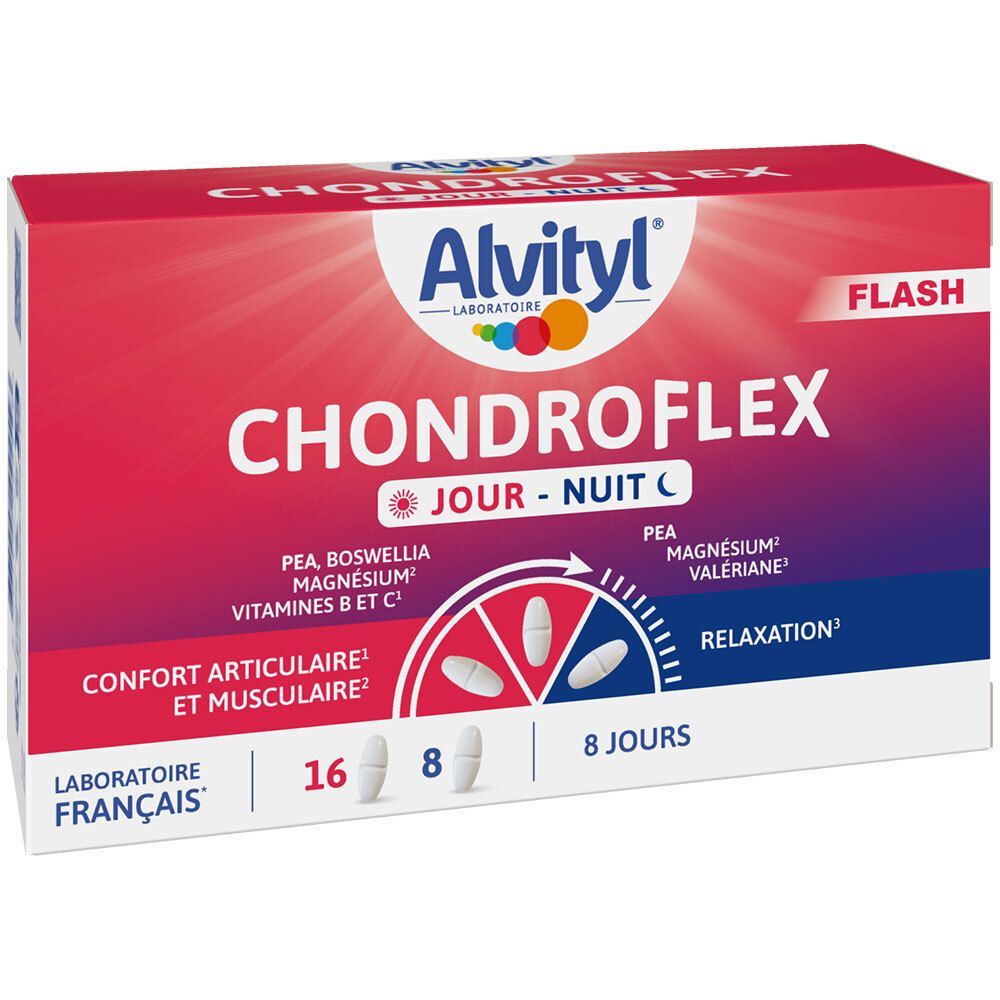 Boîte Alvityl Chondroflex Jour - Nuit. Emballage rouge et blanc. Contient 16 comprimés jour et 8 nuit.