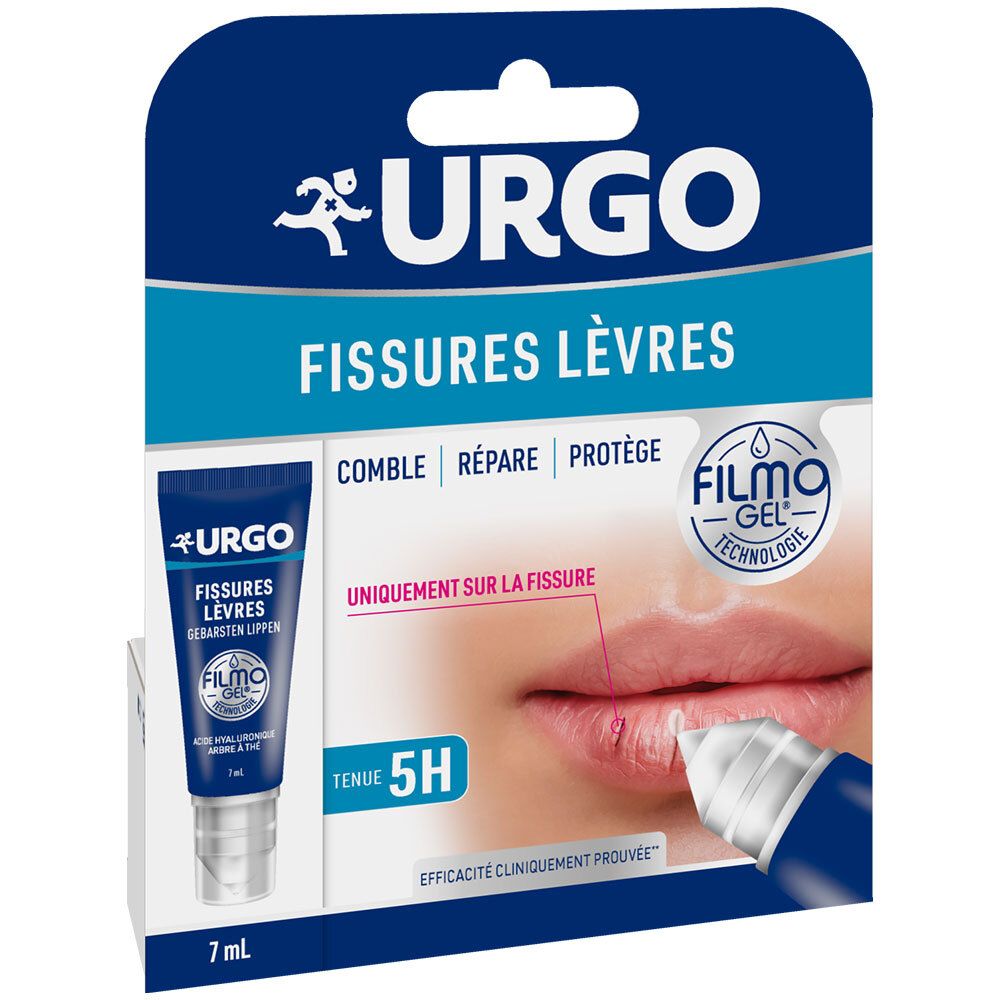 Emballage avec tube URGO Fissures Lèvres. Lèvres avec produit. Texte: Comble, Répare, Protège. Technologie Filmogel. Tenue 5H.