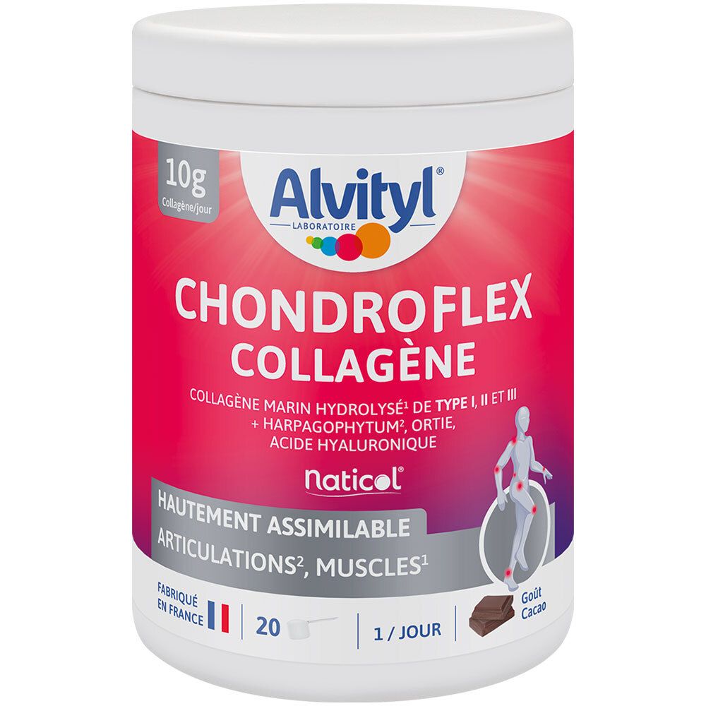 Pot blanc avec étiquette rouge. Alvityl Chondroflex Collagène. Contient collagène marin, Harpagophytum, ortie et acide hyaluronique.