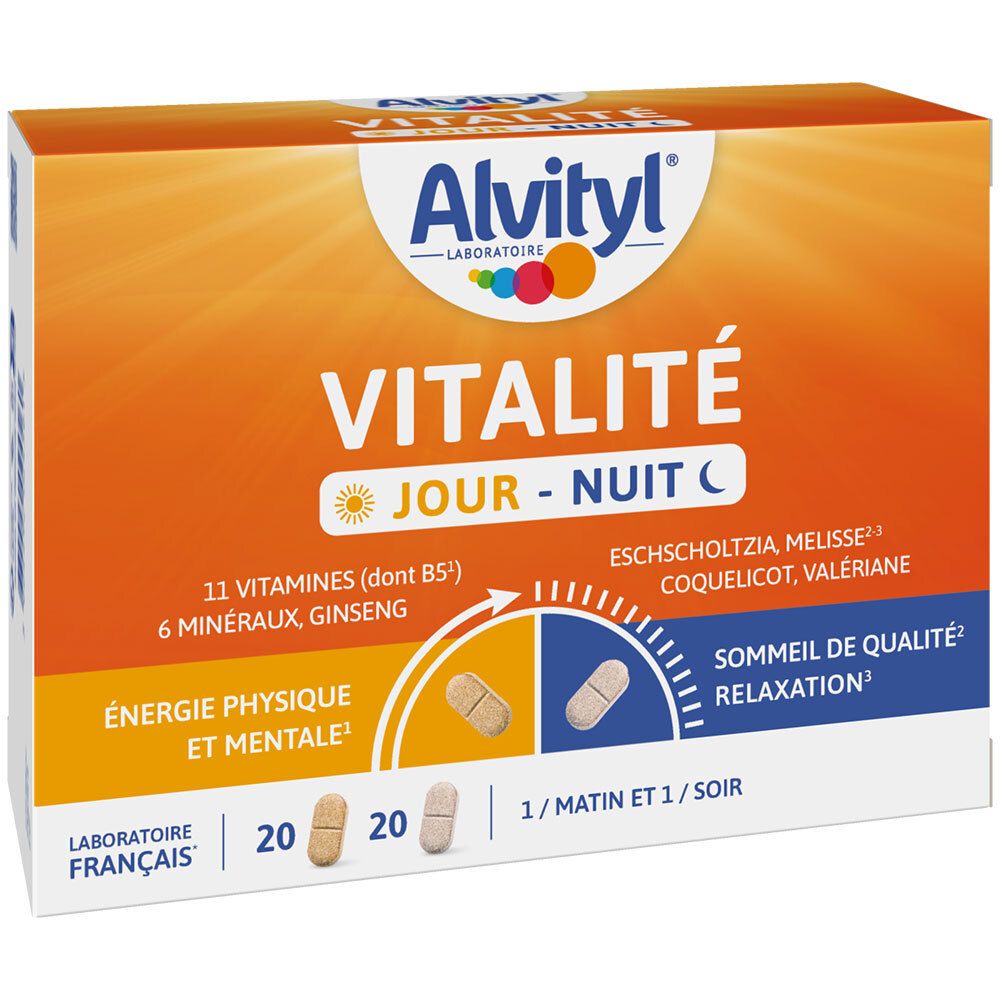 Boîte Alvityl Vitalité Jour Nuit. Design orange et blanc. Contient 20 comprimés jour et 20 nuit. Inscription : 11 vitamines, 6 minéraux.