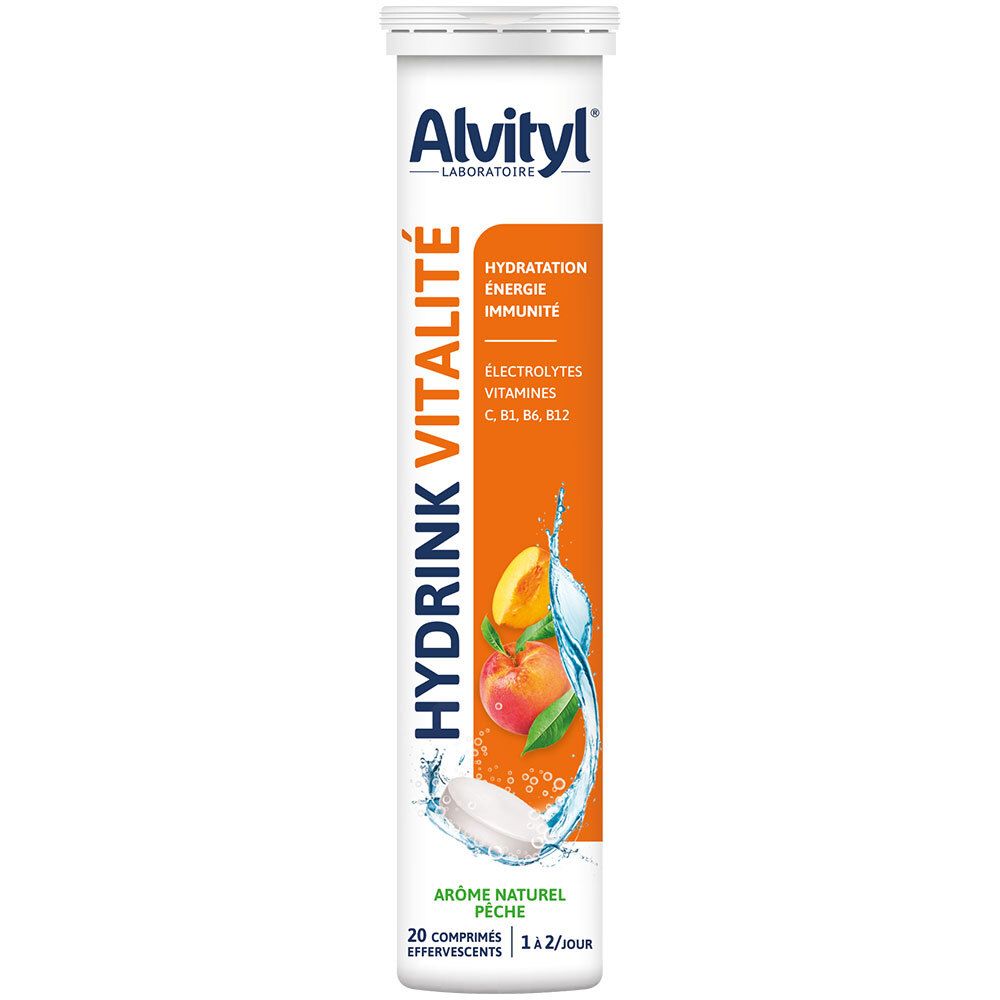 Tube de ALVITYL HYDRINK VITALITE CPR EFF20. Contient 20 comprimés effervescents, goût pêche. Étiquette orange avec nom du produit et ingrédients.