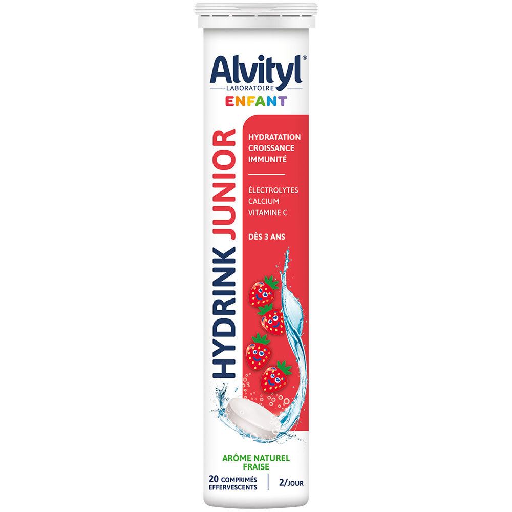 Tube ALVITYL HYDRINK JUNIOR. Fond rouge, nom du produit et illustration de fraises. Contient 20 comprimés effervescents.
