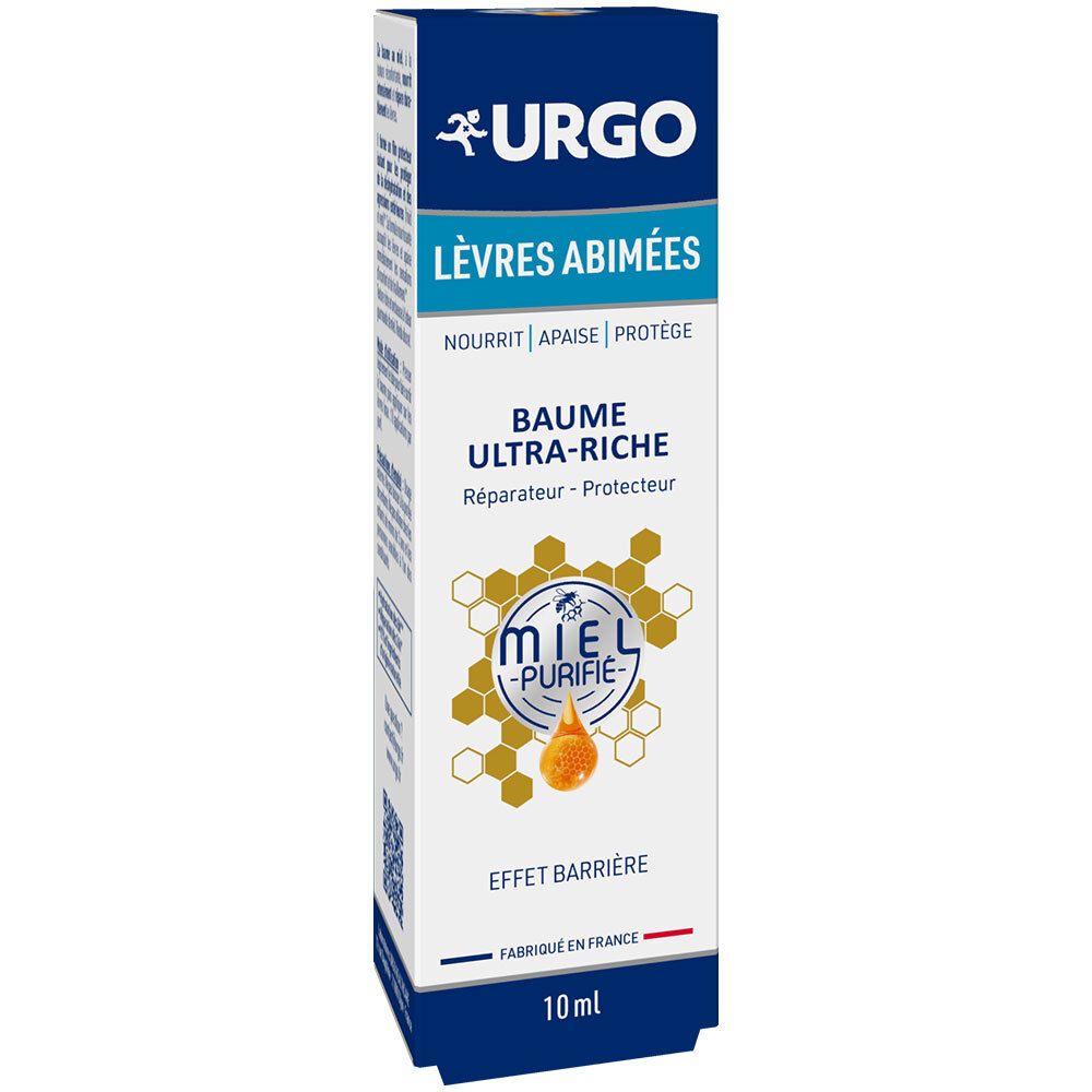 Boîte URGO. Bleu et blanc, avec nom et logo du produit. Contient 10 ml. Fabriqué en France.