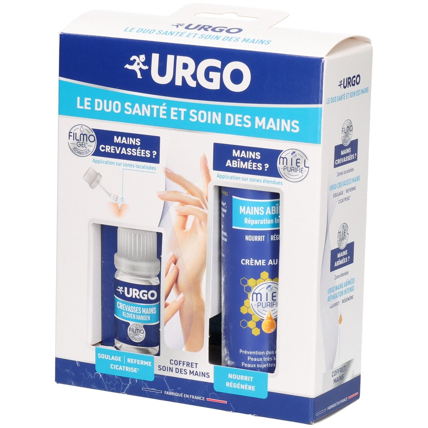 Coffret Urgo pour les mains : Filmo-Gel pour mains crevassées et crème pour mains abîmées.