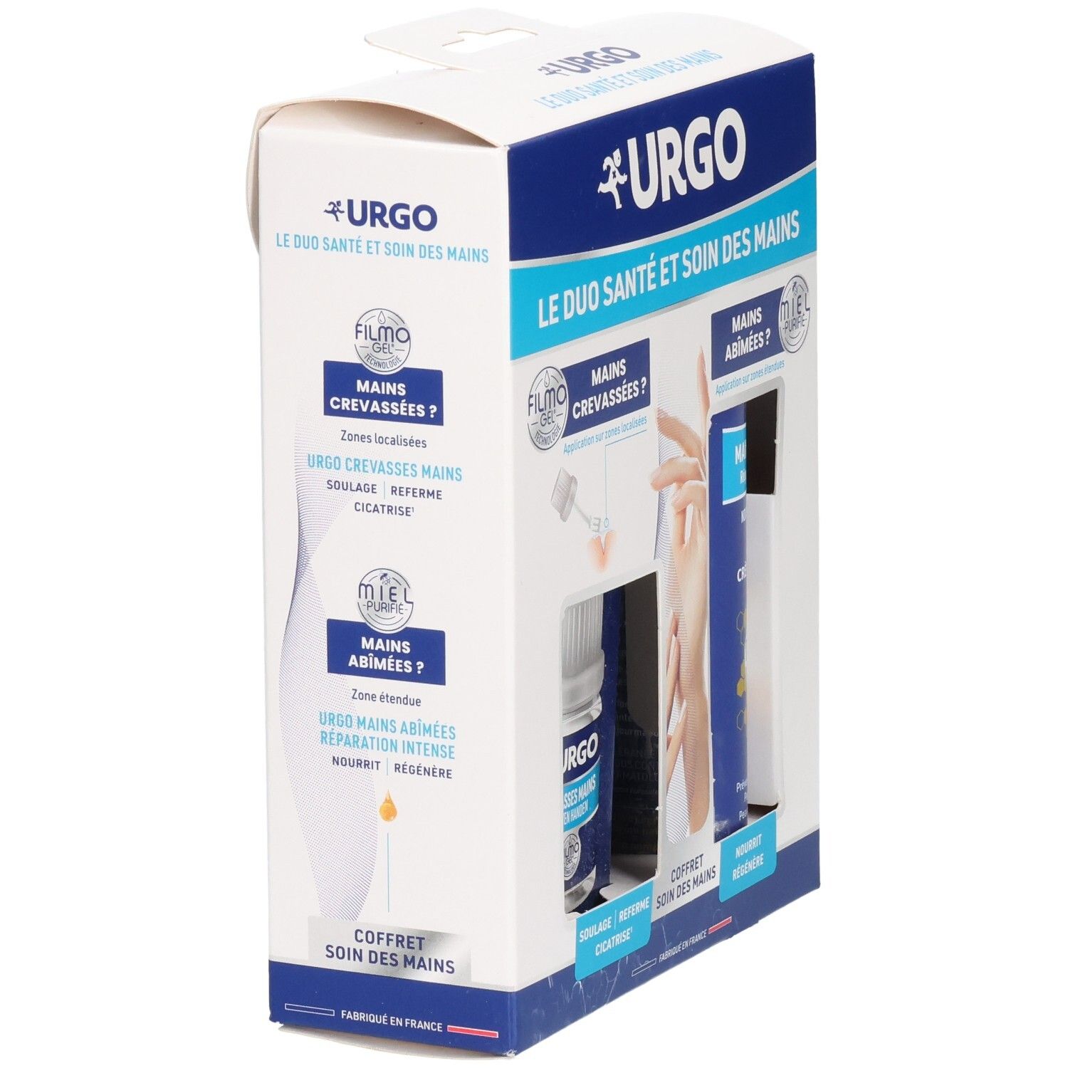 Coffret Urgo pour les mains : Filmo-Gel pour mains crevassées et crème pour mains abîmées.