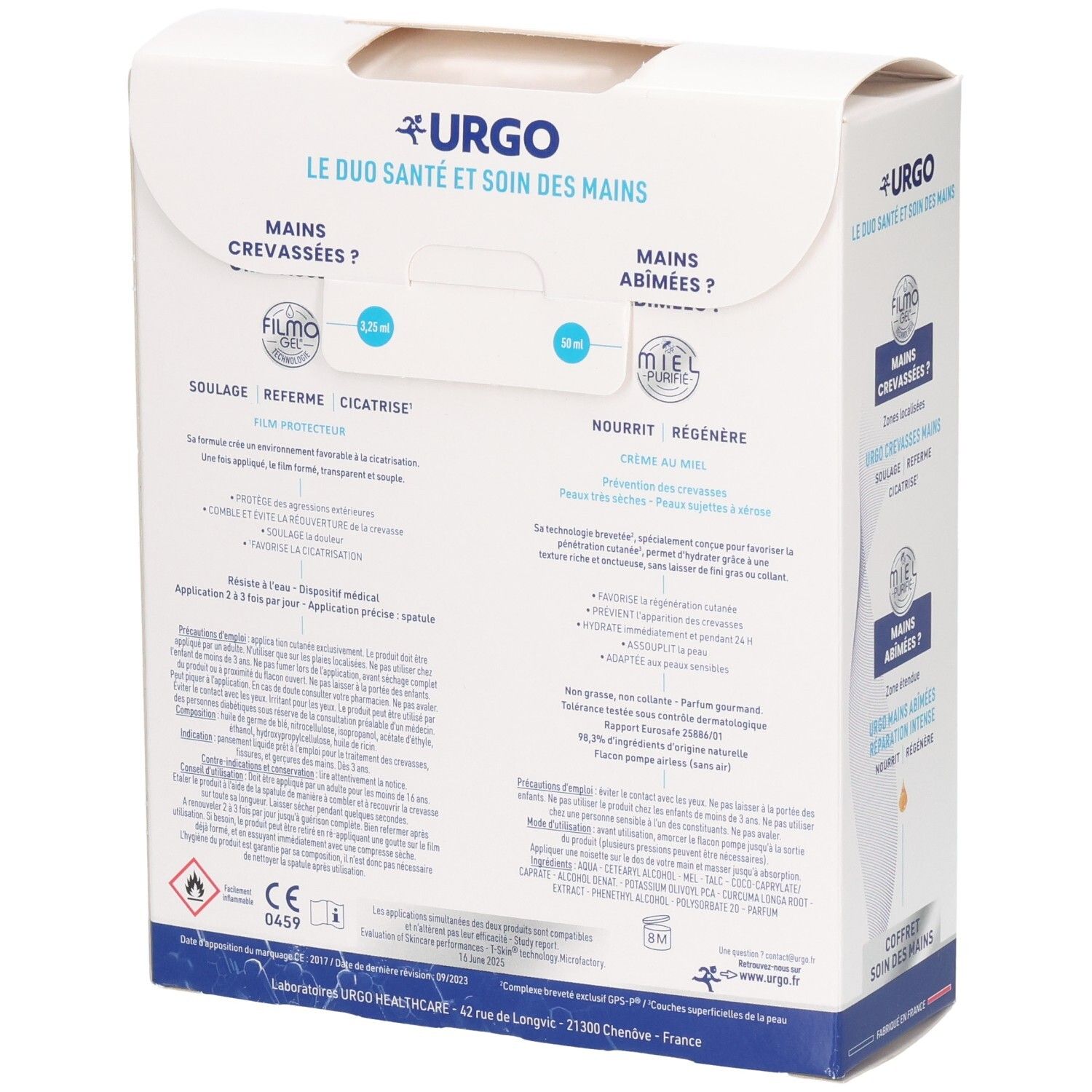 Arrière de l'emballage du coffret Urgo mains avec informations produit et certifications.