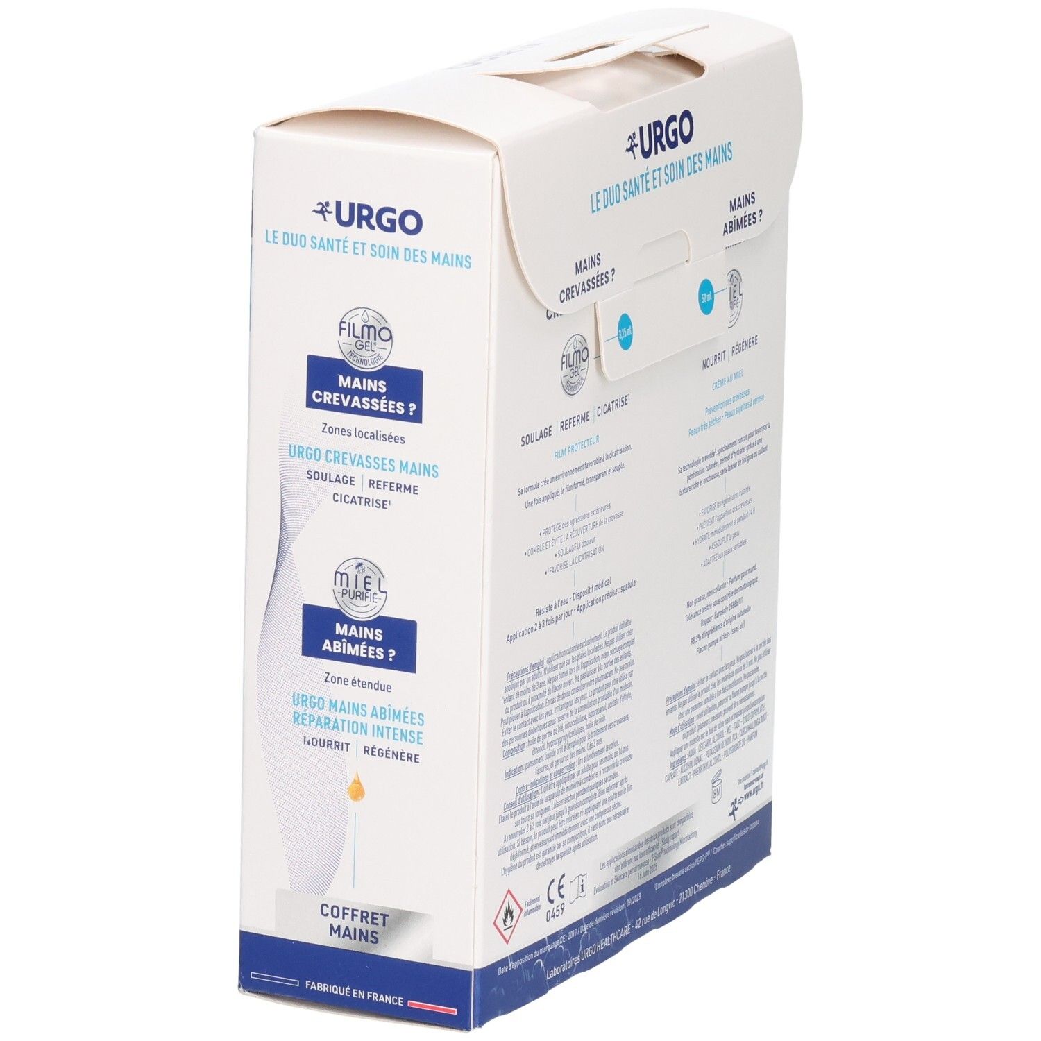 Coffret Urgo pour les mains : Filmo-Gel pour mains crevassées et crème pour mains abîmées.