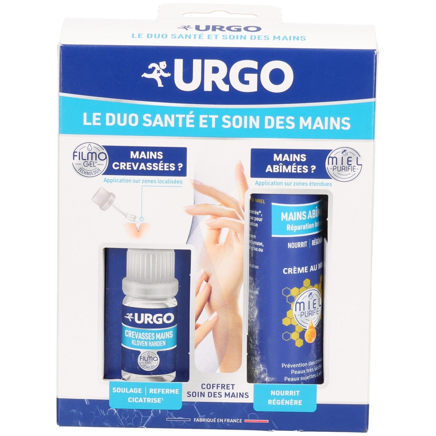 Coffret Urgo pour les mains : Filmo-Gel pour mains crevassées et crème pour mains abîmées.