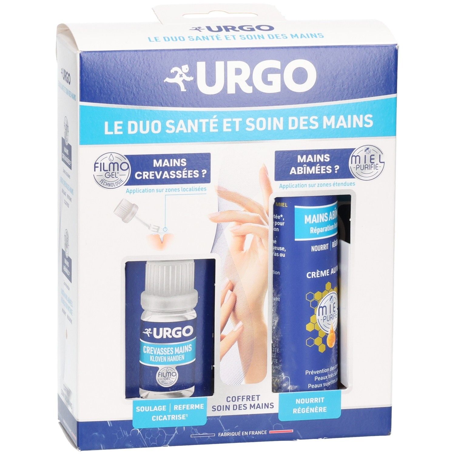 Coffret Urgo pour les mains : Filmo-Gel pour mains crevassées et crème pour mains abîmées.