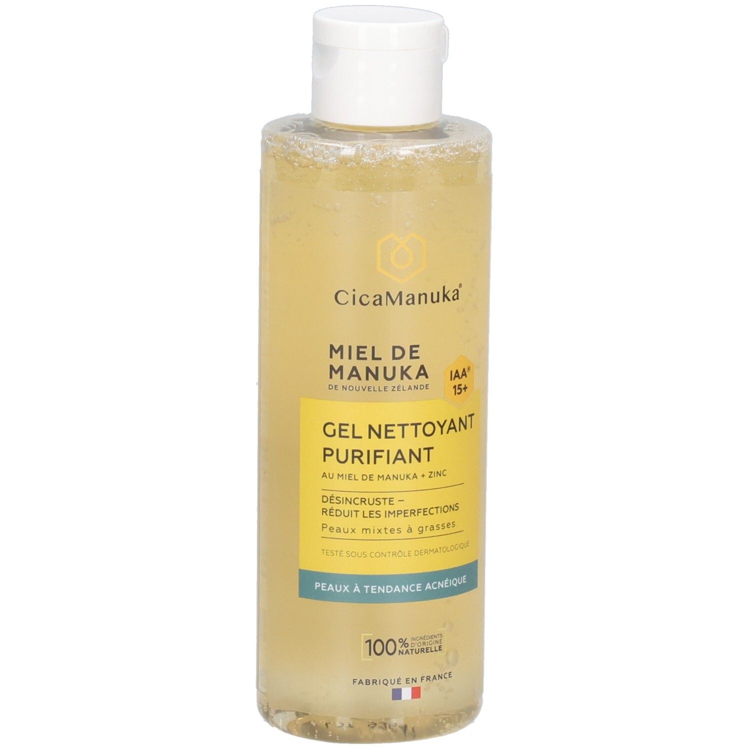Gel nettoyant en flacon transparent à bouchon blanc. Liquide jaune. Inscriptions: CicaManuka, Gel Nettoyant Purifiant.