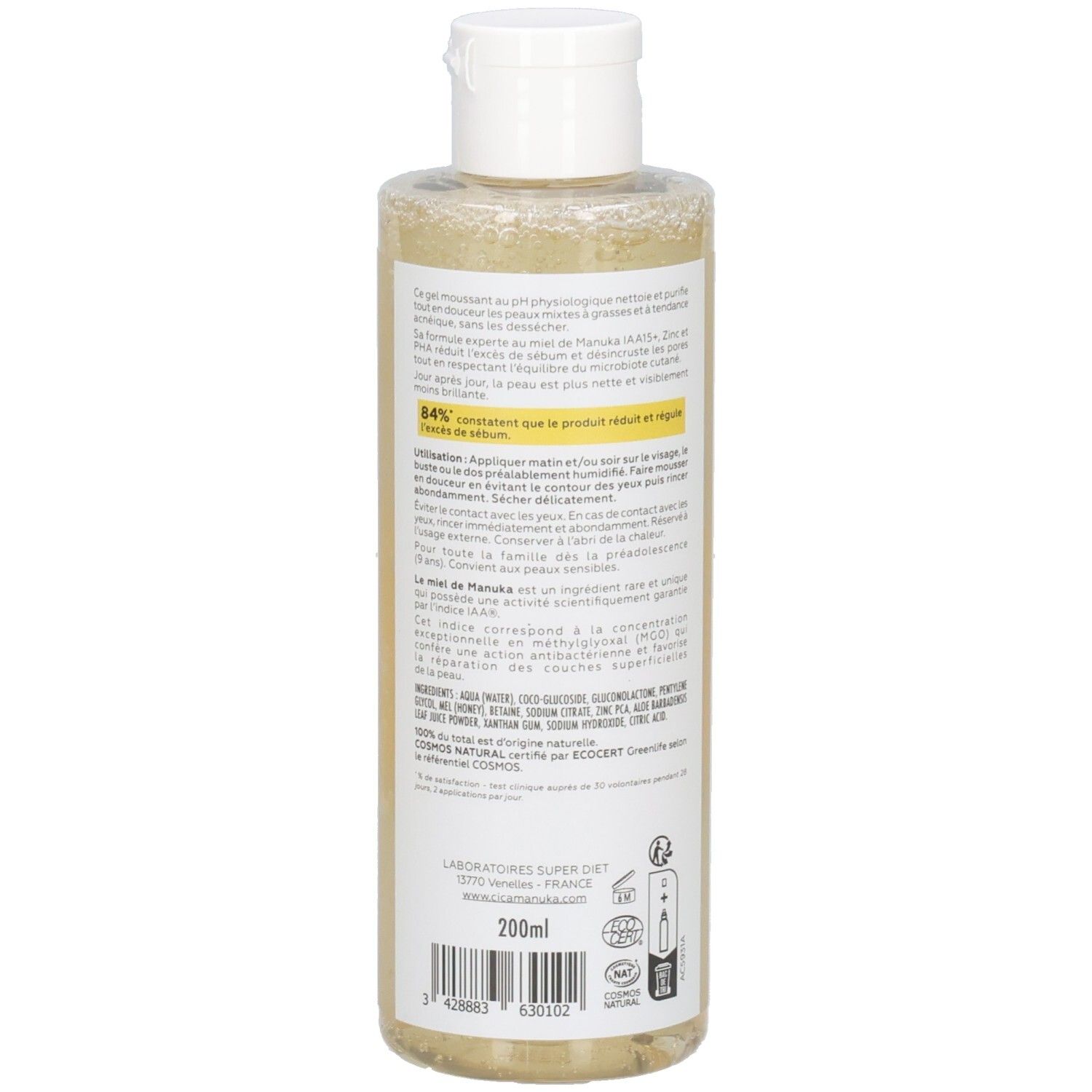 Dos du flacon. Informations textuelles sur une étiquette blanche. Liquide jaune visible. Bouchon blanc.