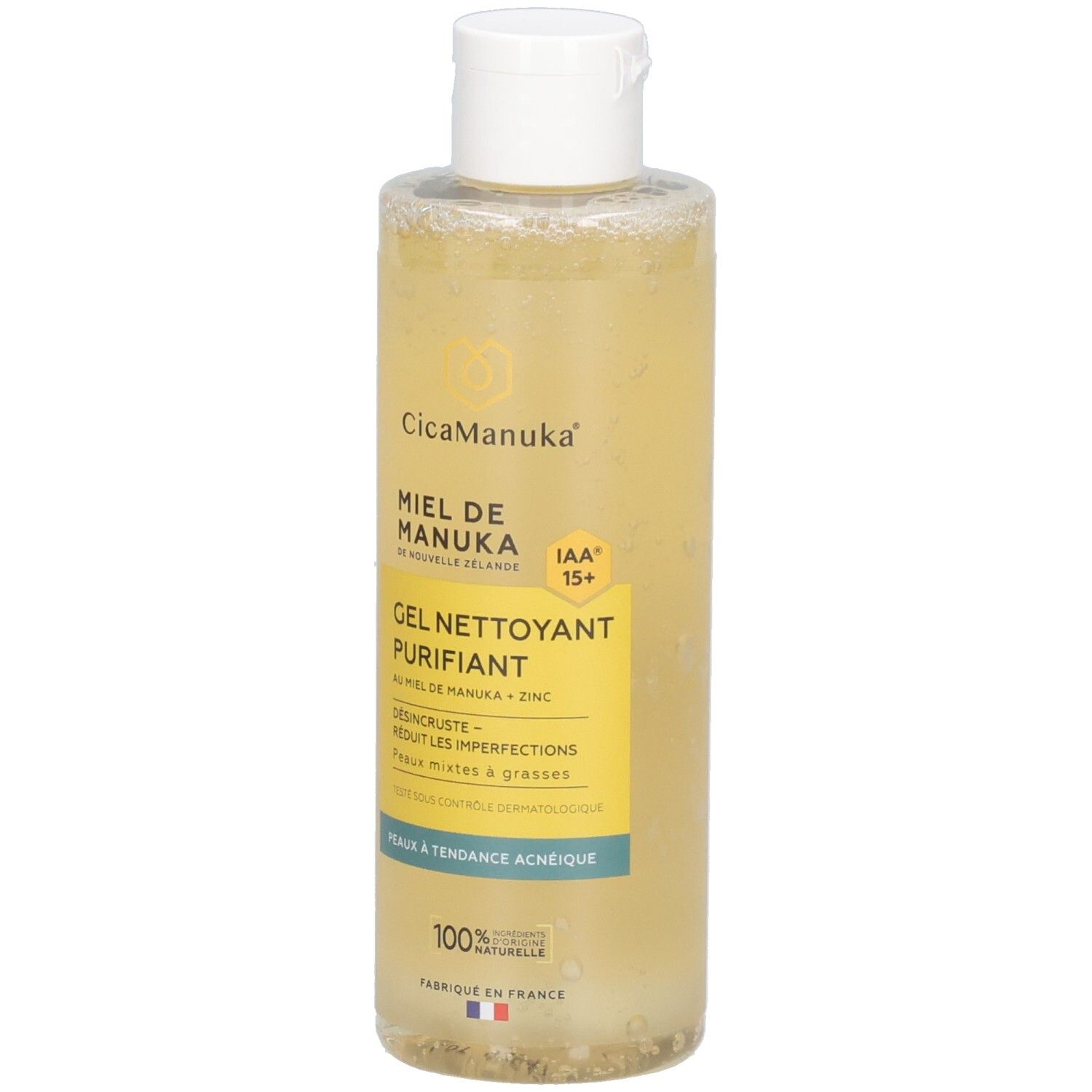Gel nettoyant en flacon transparent à bouchon blanc. Liquide jaune. Inscriptions: CicaManuka, Gel Nettoyant Purifiant.