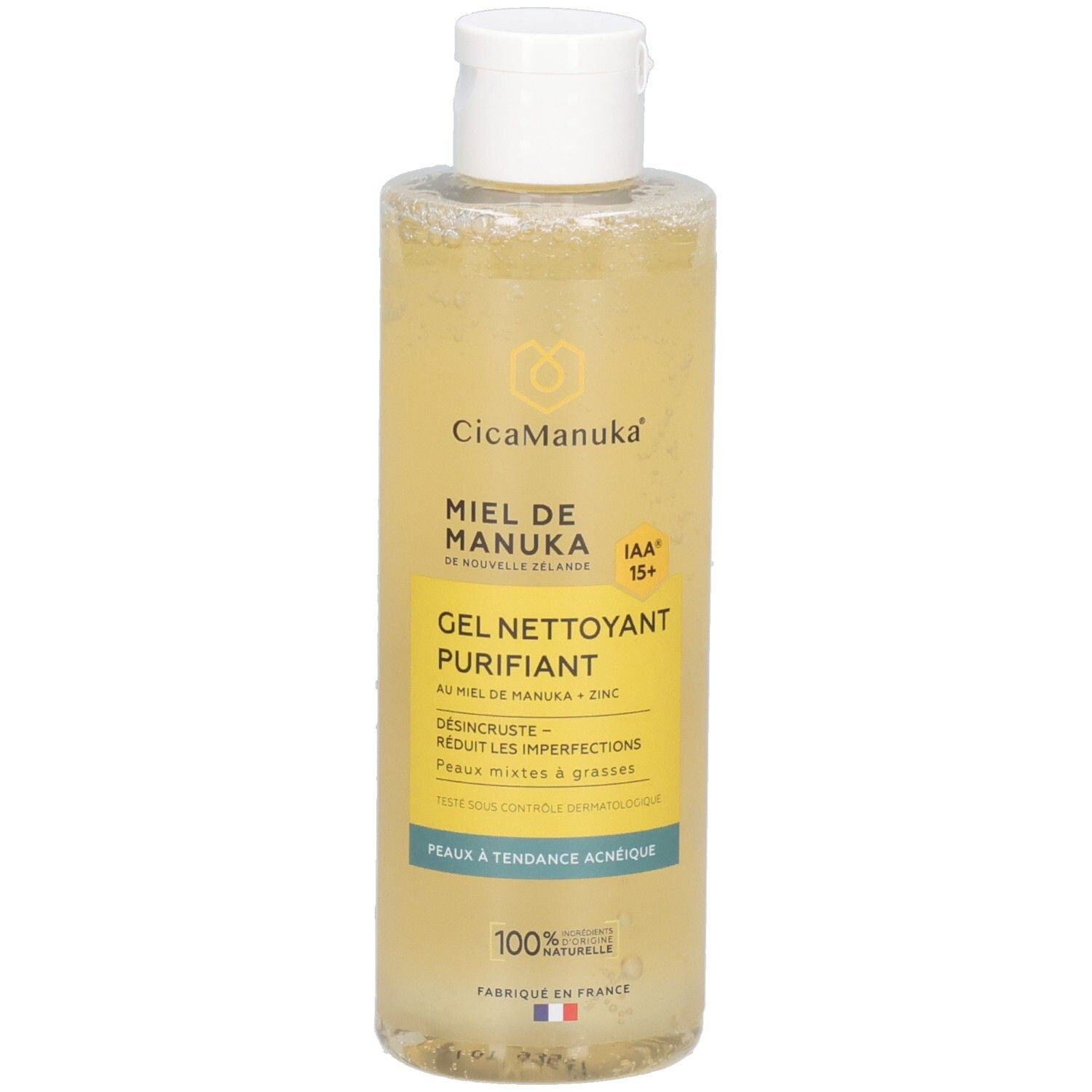 Gel nettoyant en flacon transparent à bouchon blanc. Liquide jaune. Inscriptions: CicaManuka, Gel Nettoyant Purifiant.