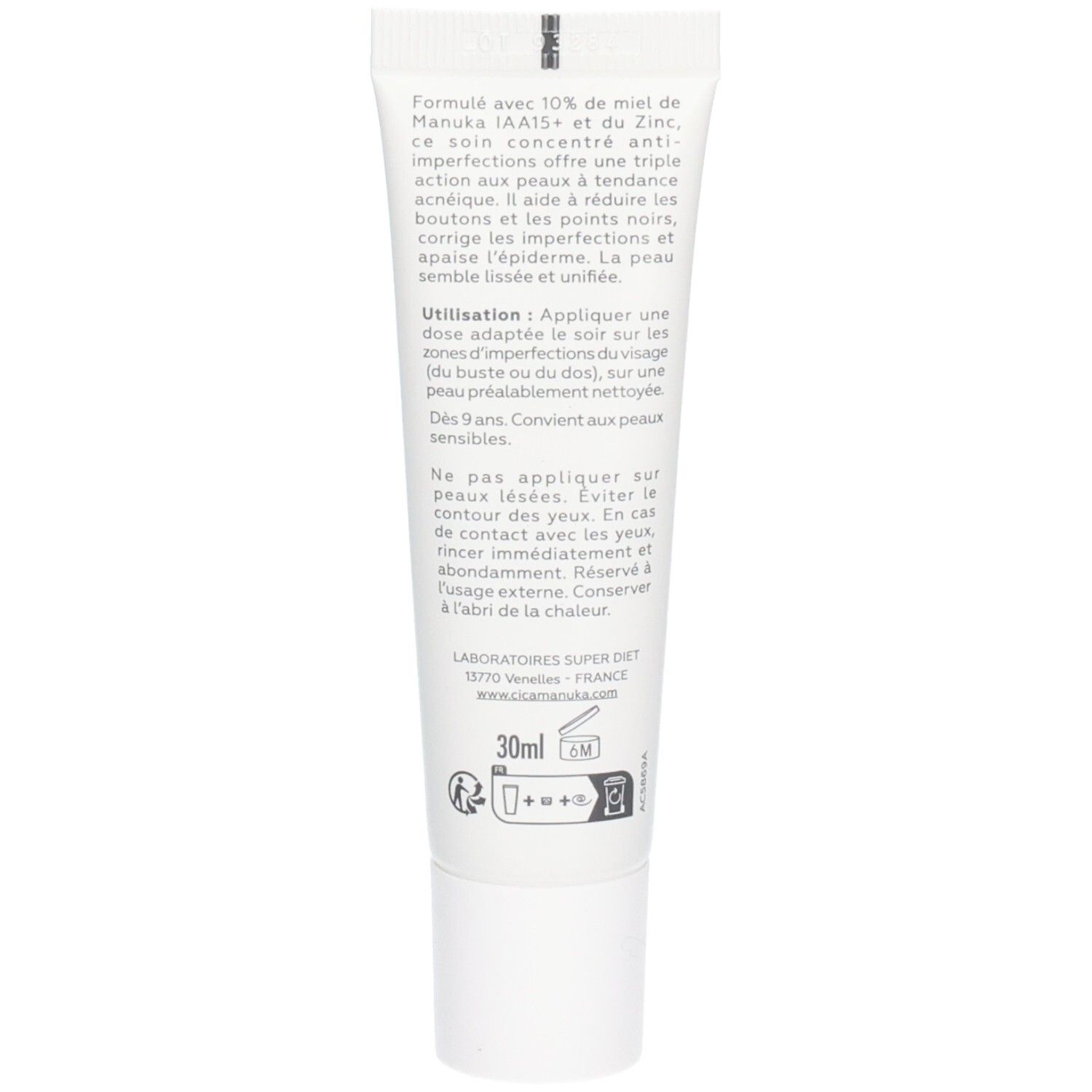 Dos du tube de crème. Texte: Utilisation, ingrédients, informations fabricant, 30ml, certification cosmétique.