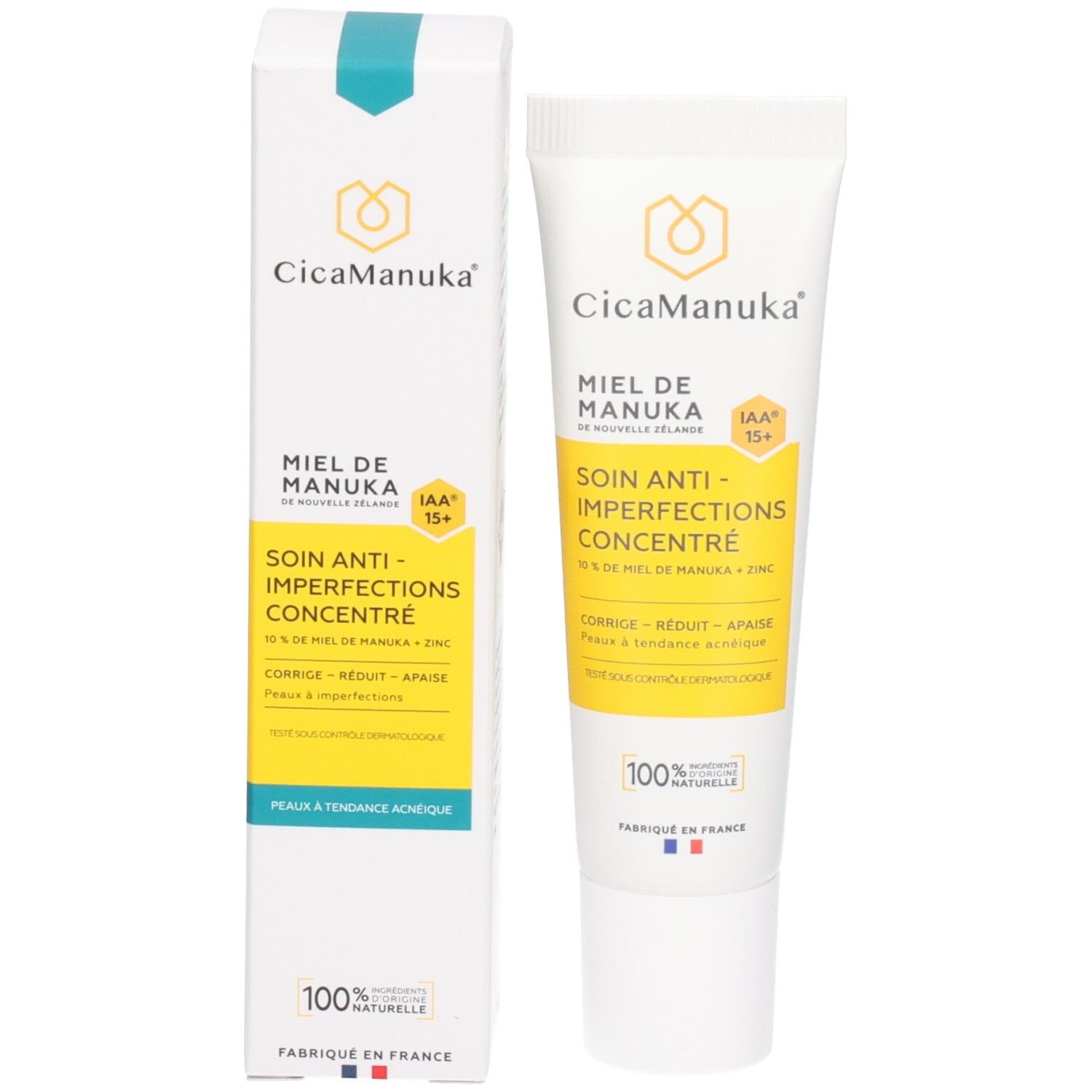 Emballage du produit: tube et boîte. Inscription: CicaManuka, Miel de Manuka, IAA 15+, Soin Anti-Imperfections Concentré.