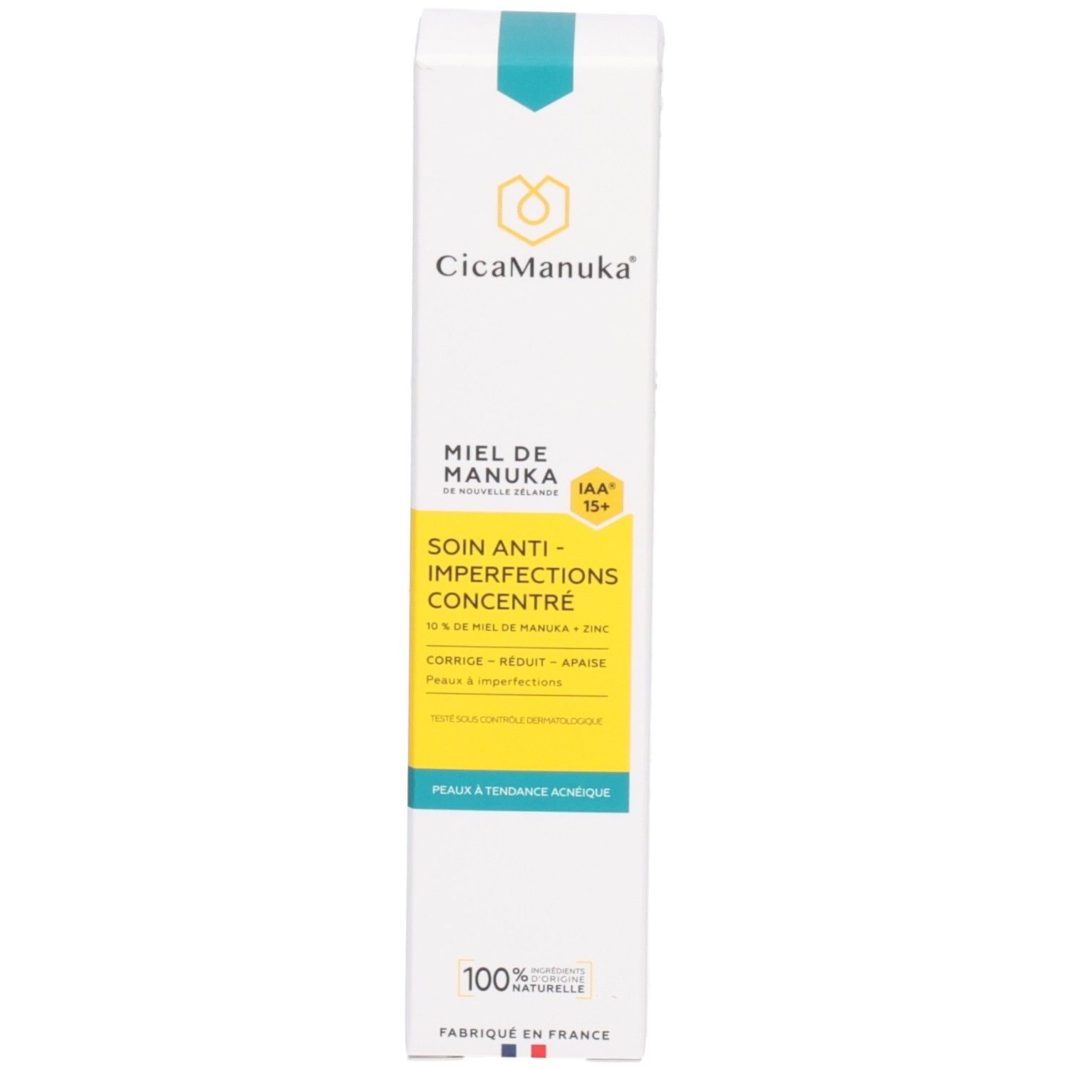 Boîte avec informations sur le produit. Inscription: CicaManuka, Miel de Manuka, IAA 15+, Soin Anti-Imperfections Concentré.