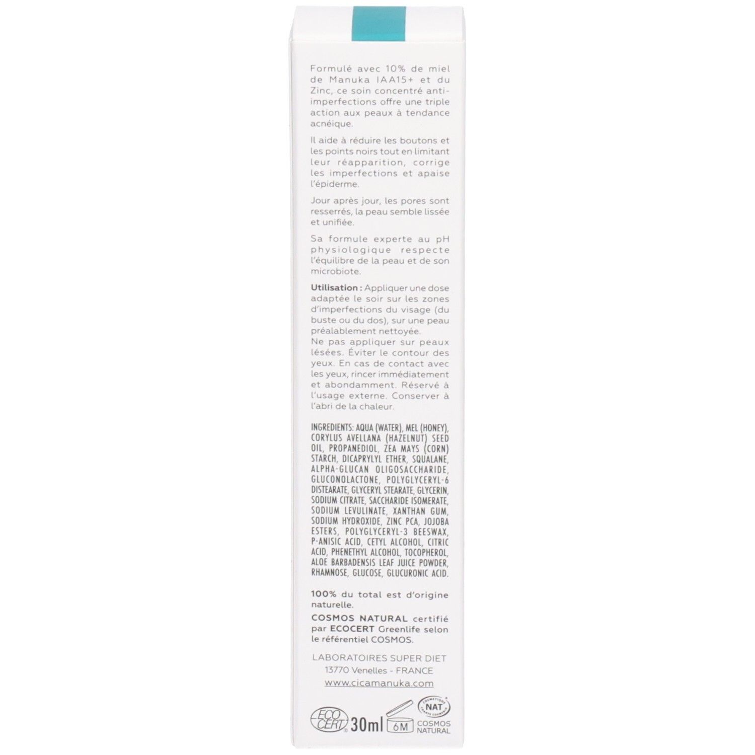 Dos de la boîte. Texte: Ingrédients, utilisation, informations fabricant, 30ml, certification cosmétique.