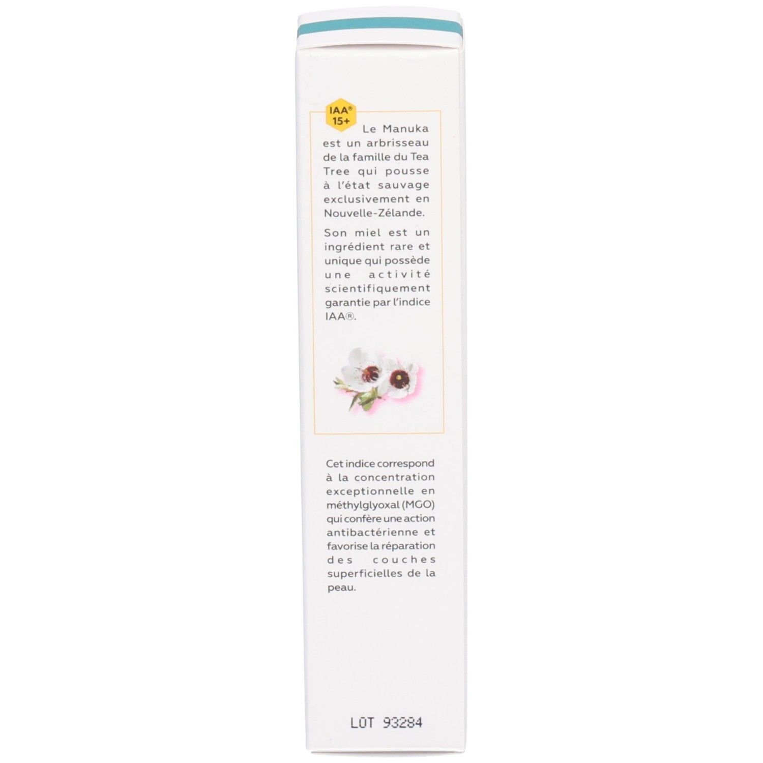 Boîte, texte: IAA 15+, Miel de Manuka, informations sur les ingrédients, certification.