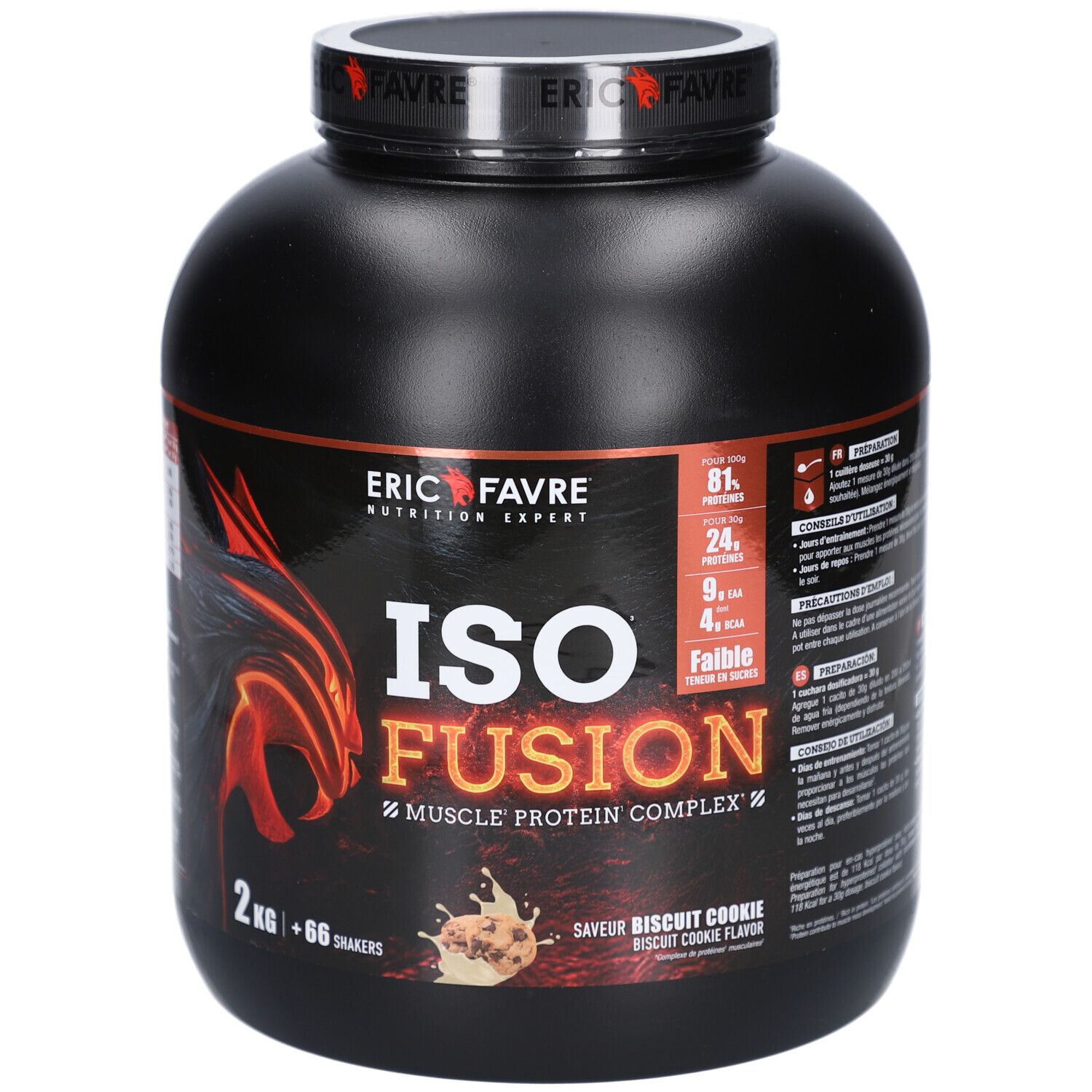 Pot noir ERIC FAVRE ISO FUSION COOKIE 2kg. Inscription: ISO FUSION, 2 kg, 66 shakers, Biscuit Cookie Flavor. Fond rouge et noir.