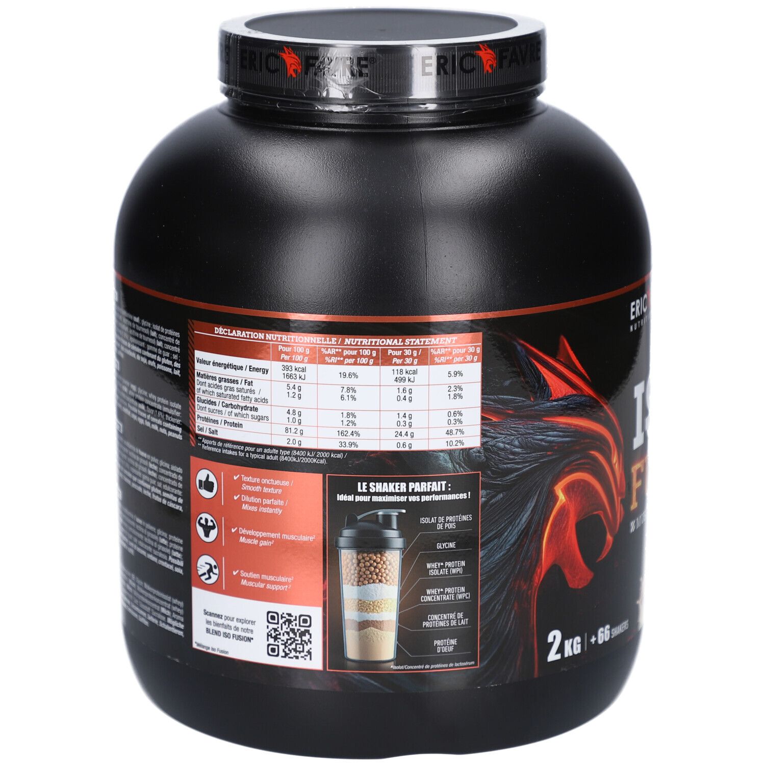 Dos du pot noir ERIC FAVRE ISO FUSION COOKIE 2kg. Inscriptions: informations nutritionnelles, ingrédients, code QR, 2 kg, 66 shakers. Fond rouge et noir.