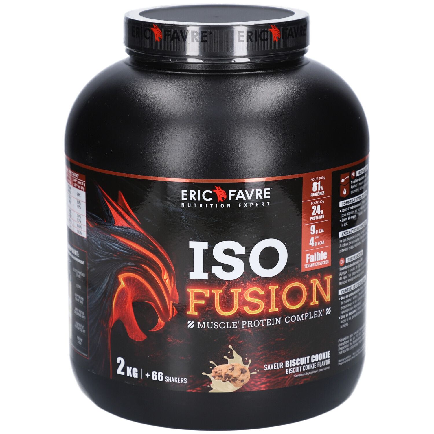 Pot noir ERIC FAVRE ISO FUSION COOKIE 2kg. Inscription: ISO FUSION, 2 kg, 66 shakers, Biscuit Cookie Flavor. Fond rouge et noir.