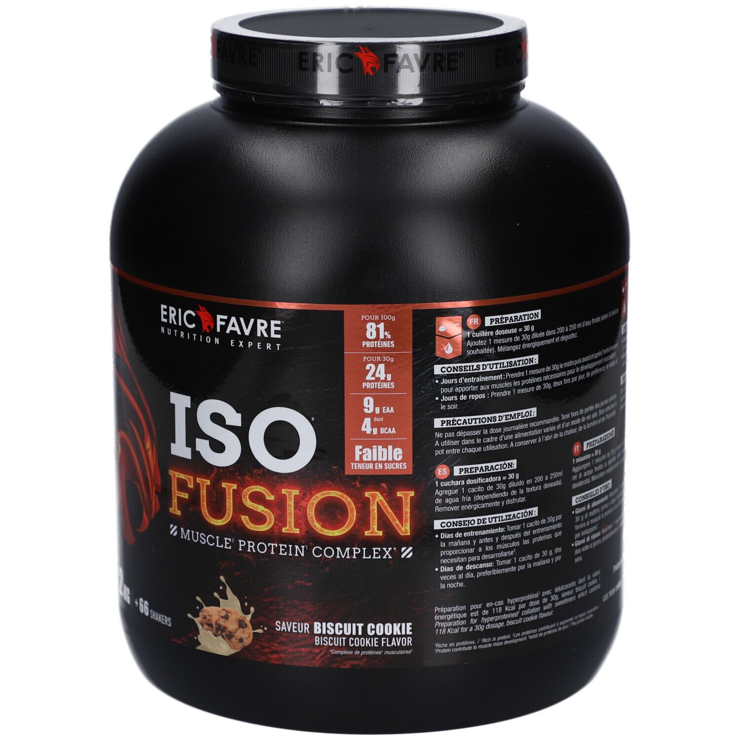 Pot noir ERIC FAVRE ISO FUSION COOKIE 2kg. Inscription: ISO FUSION, 2 kg, 66 shakers, Biscuit Cookie Flavor. Fond rouge et noir.
