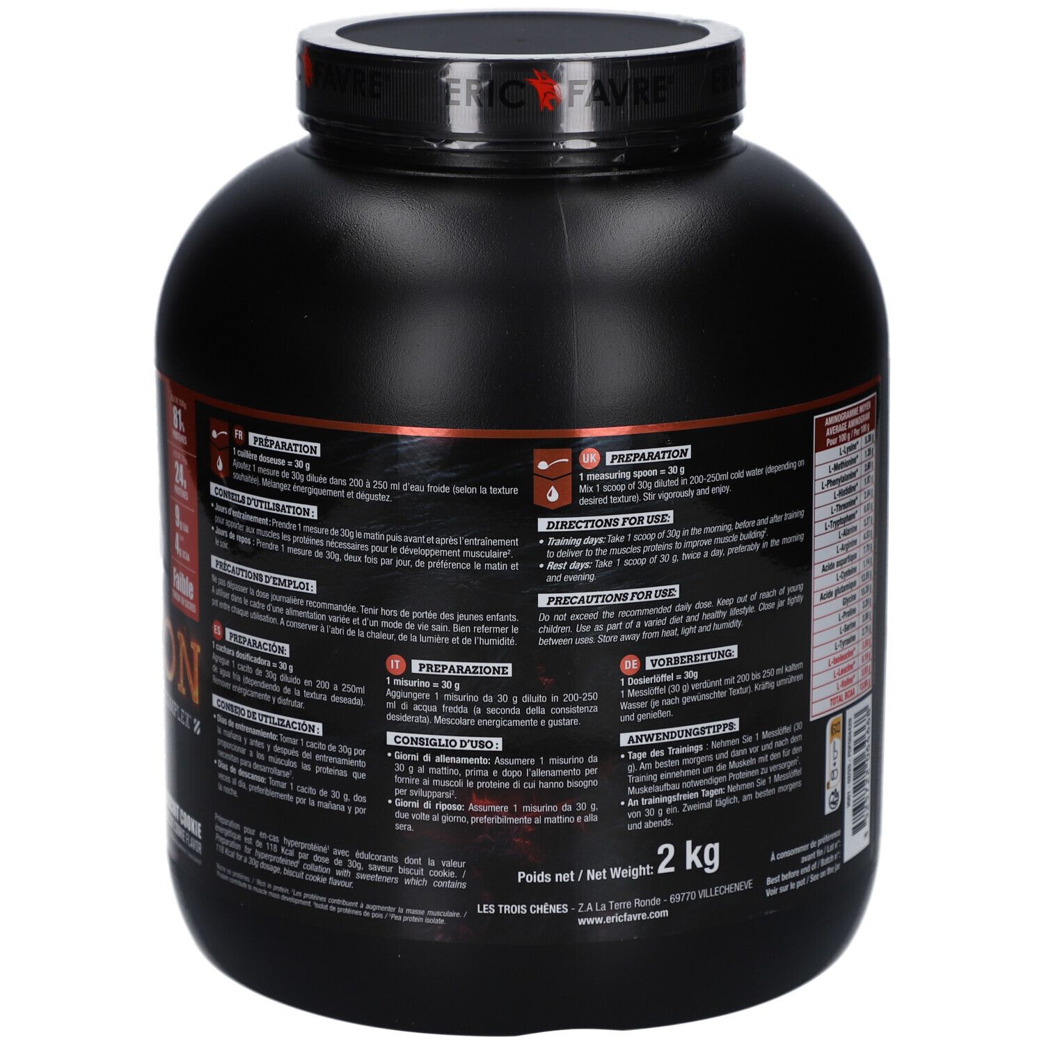 Dos du pot noir ERIC FAVRE ISO FUSION COOKIE 2kg. Inscriptions: préparation, conseils d'utilisation, 2 kg. Fond rouge et noir.