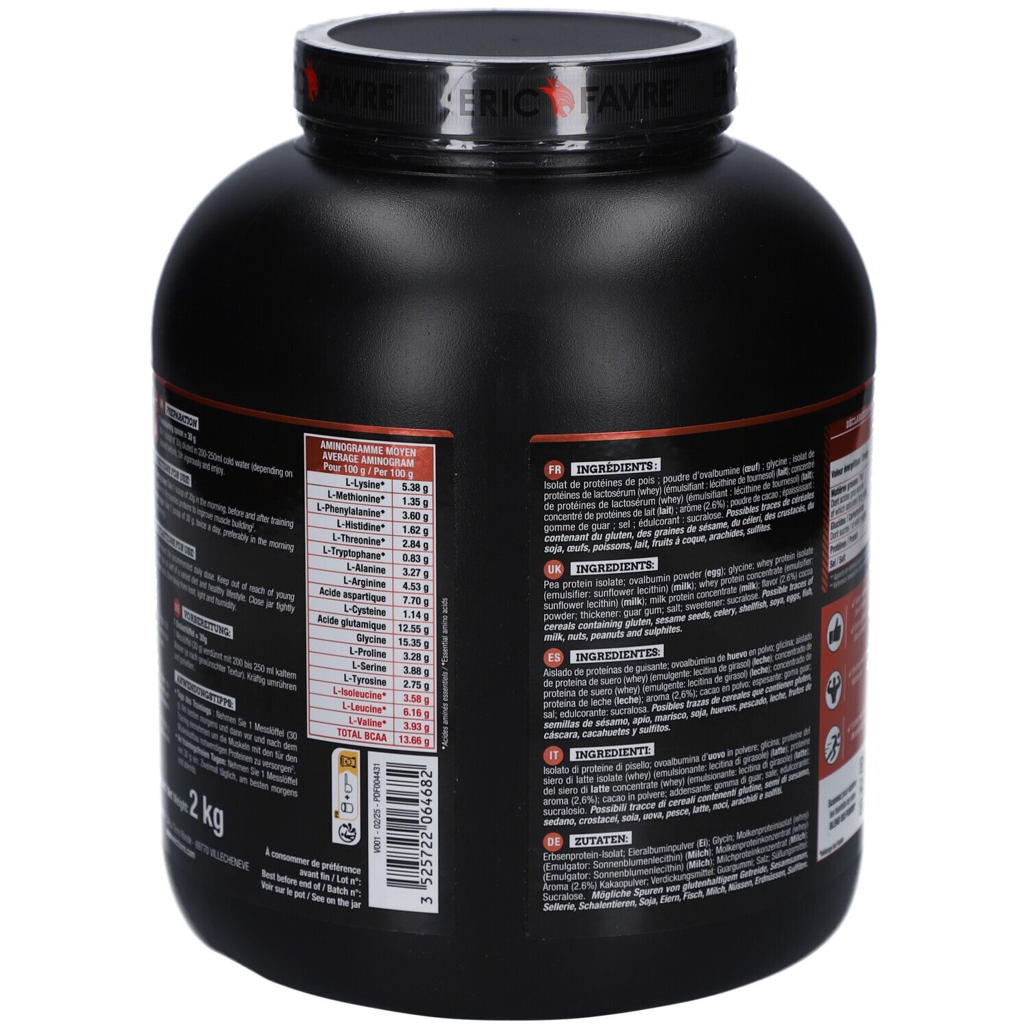 Dos du pot noir. Contient des listes d'ingrédients en plusieurs langues. Indication de 2 kg.