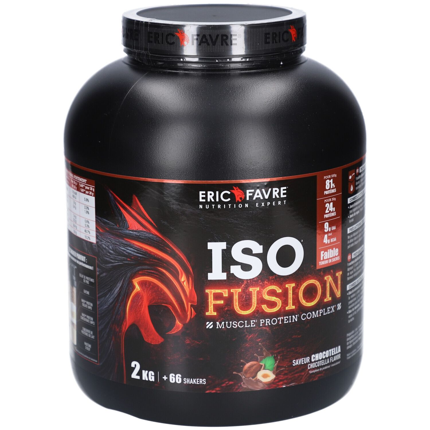 Pot noir avec étiquette rouge et orange. Inscription: ISO FUSION, 2 kg, goût Chocotella. Marque: ERIC FAVRE.