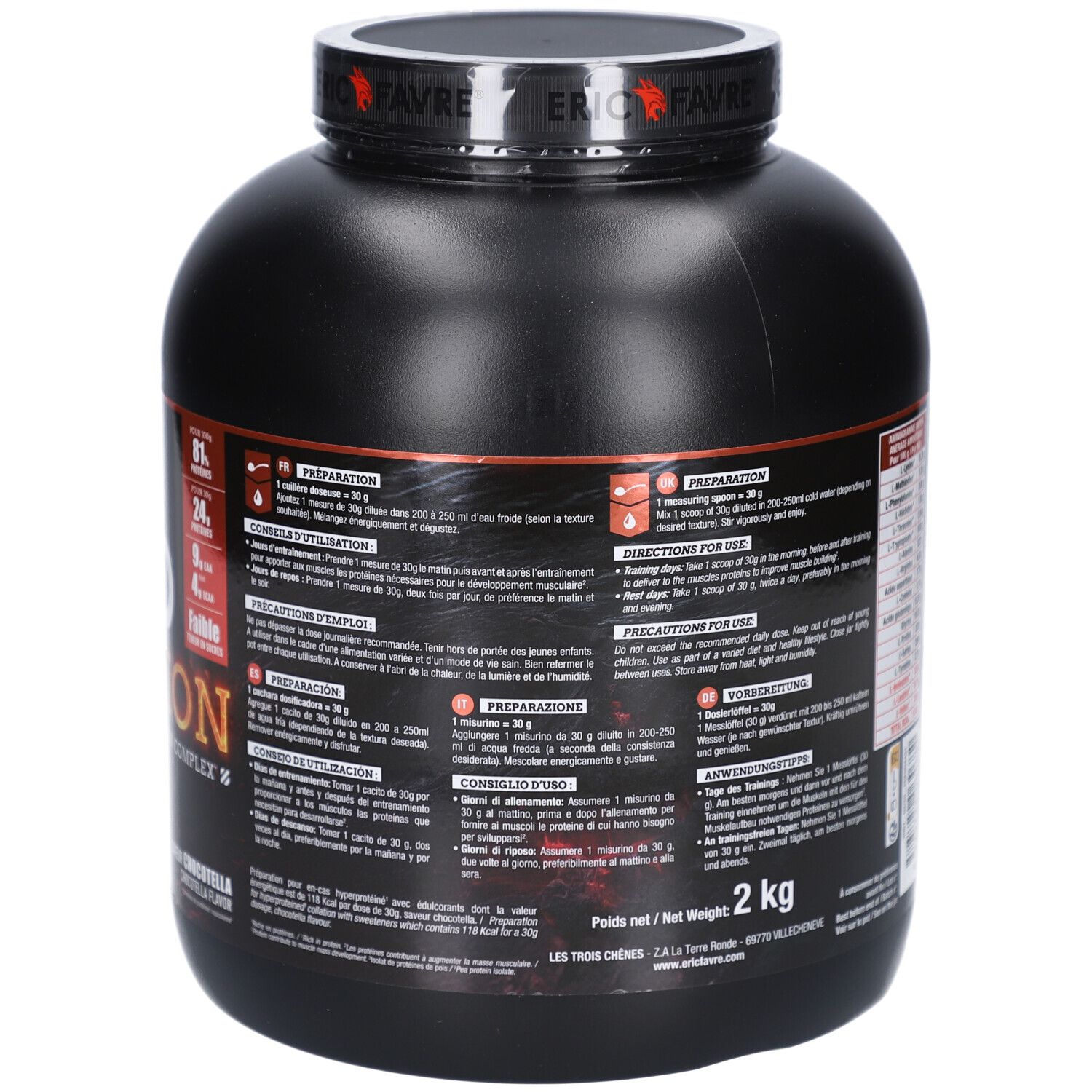 Dos du pot noir. Contient des instructions d'utilisation et des informations nutritionnelles. Indication de 2 kg.