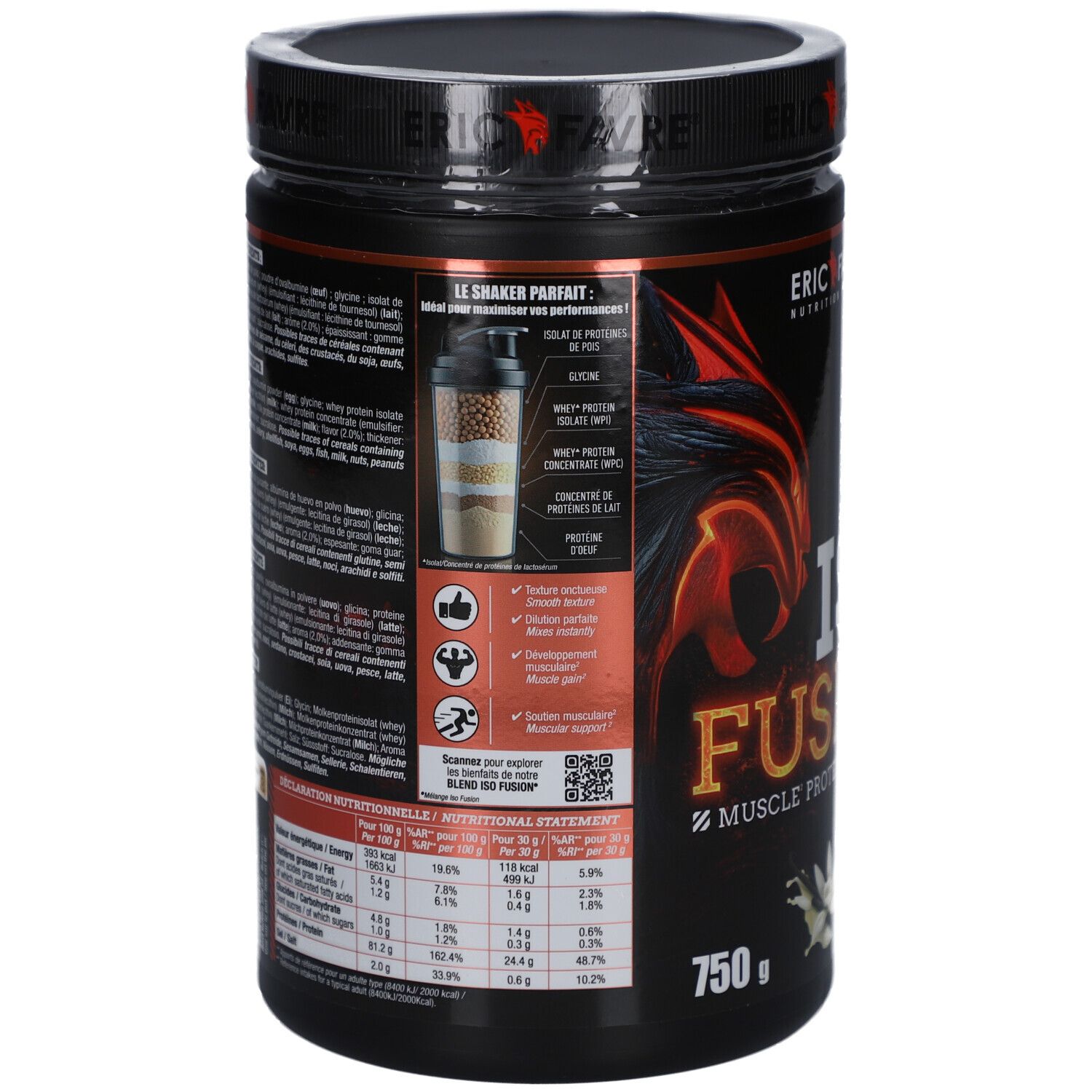 Dos de la boîte. Texte avec informations nutritionnelles et ingrédients. Illustration d'un shaker. Marque: ERIC FAVRE.