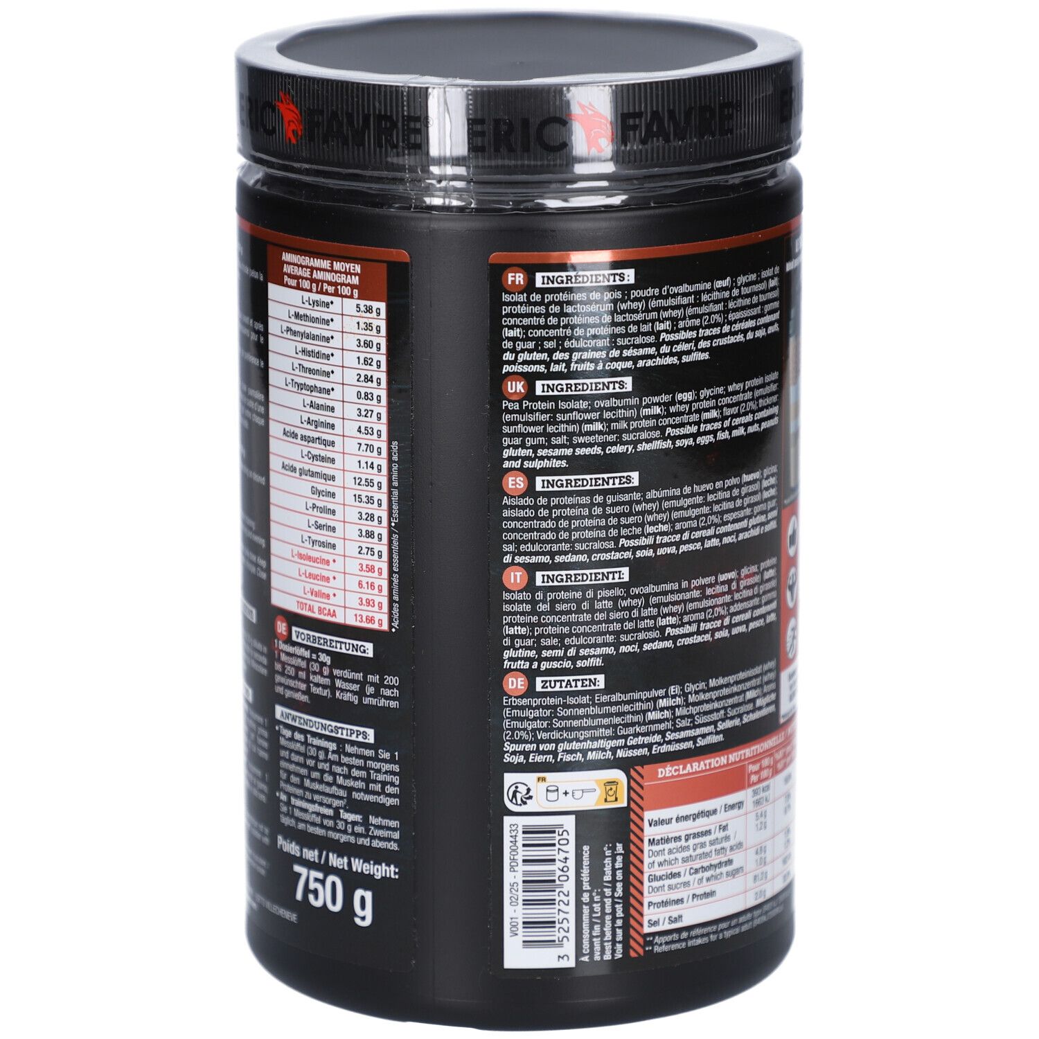 Dos de la boîte. Texte avec ingrédients et informations nutritionnelles. Poids: 750 g. Marque: ERIC FAVRE.