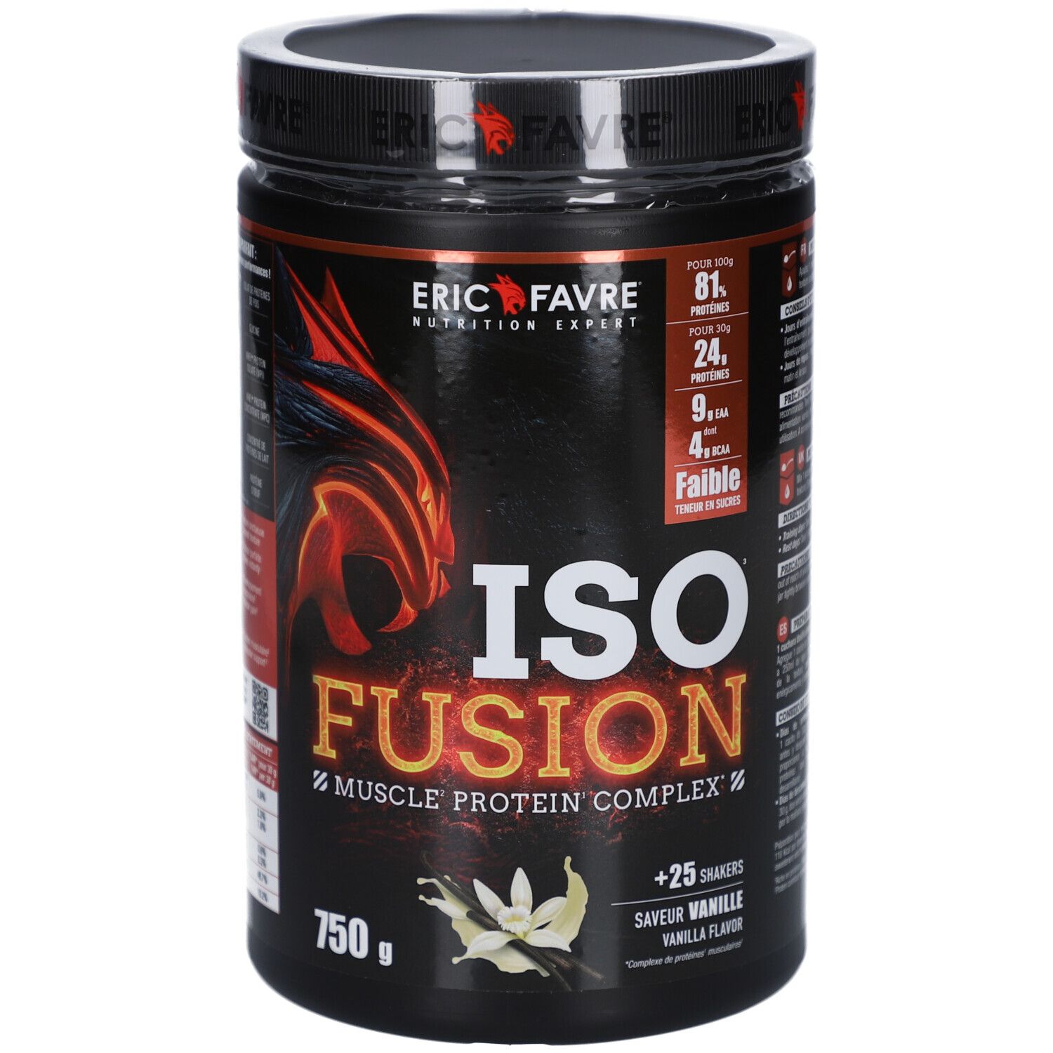 Boîte noire avec design rouge et jaune. Inscription: ISO FUSION, 750g, saveur vanille. Marque: ERIC FAVRE.